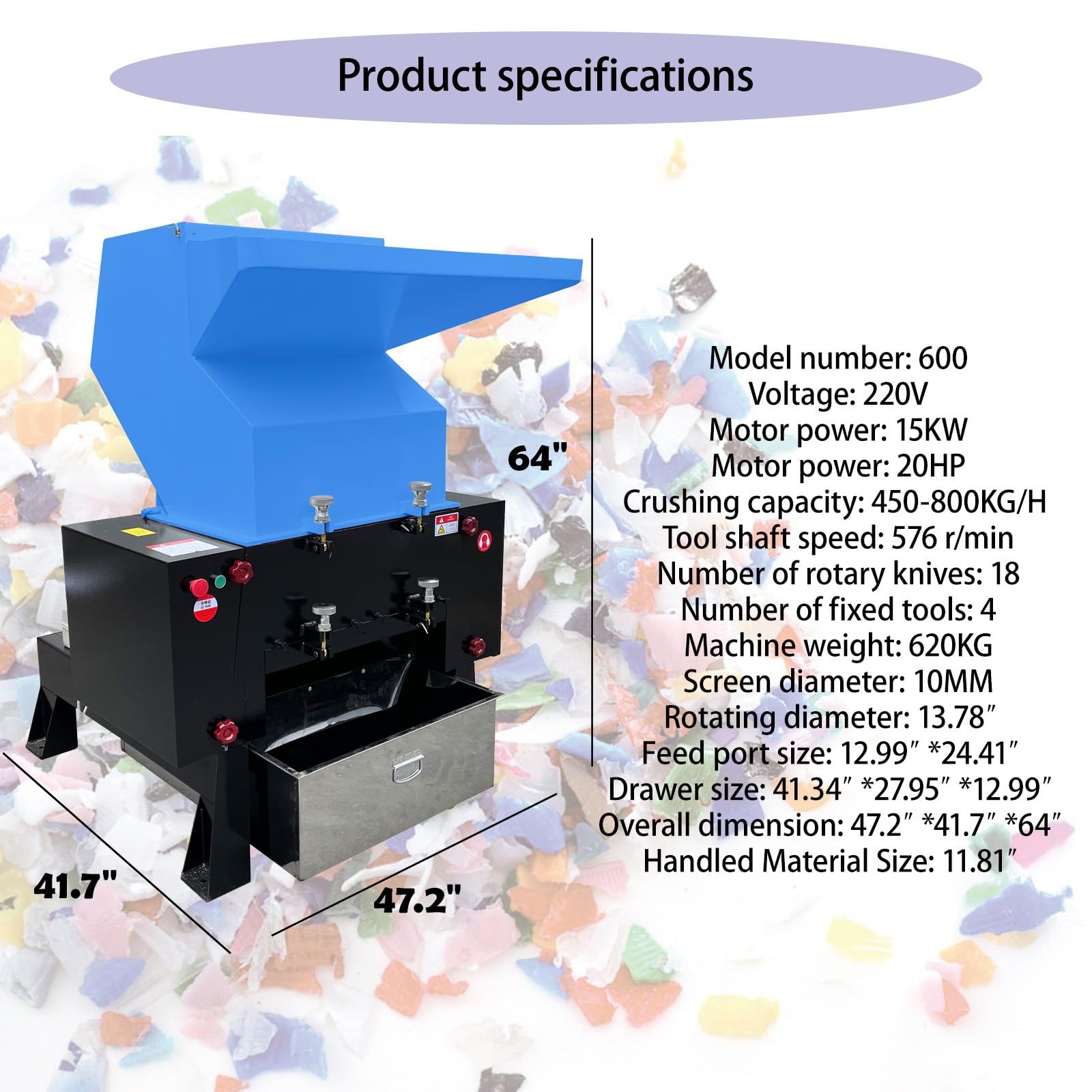 BEILOCKERY Model 600 Industrial Plastic Shredder - 15KW 220V 3-Phase Motor, Heavy-Duty Crusher/Grinder for Plastics, Rubber, Wood with Durable Blades and Low Noise Design Blue