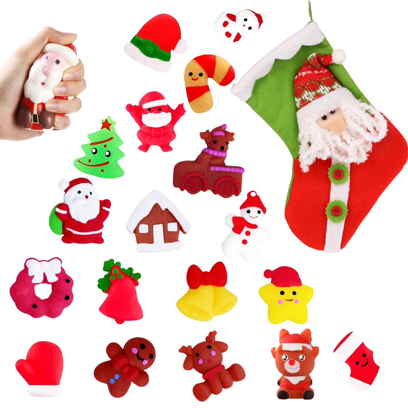 Christmas Mochi Squishy Toys,18Pcs Xmax Fidget Toys Stress Squeeze Toy for Kids Mini Kawaii Moji Squishies Soft Fidget Toy Pack for Xmas Party Bags Fillers Girls Boys Kids Treats Party Favors Gifts