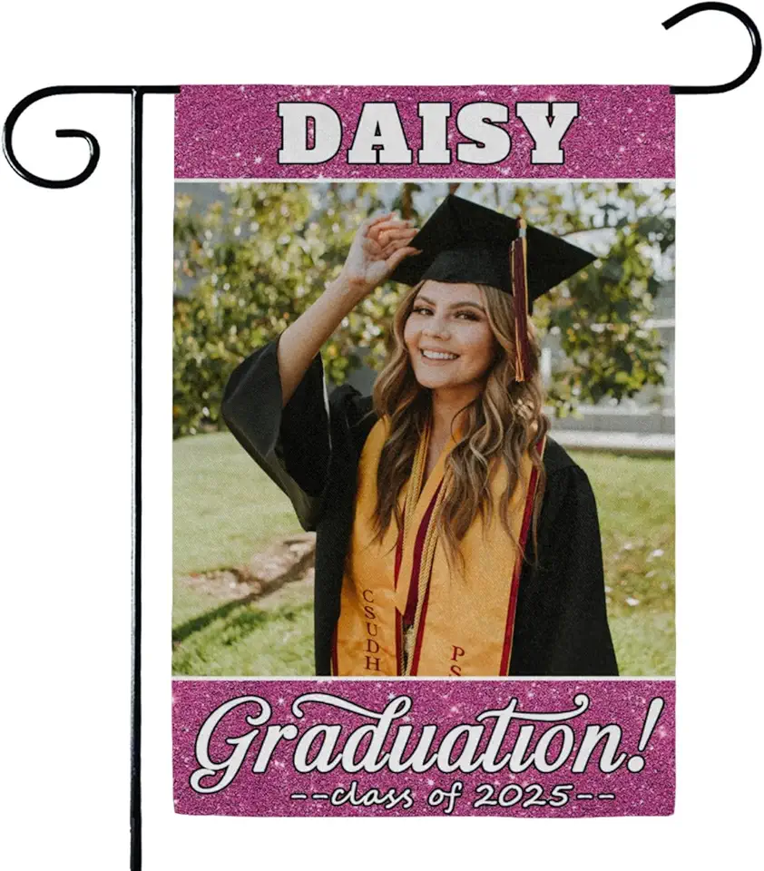 2025 Graduation-Garden-Flag Personalized, Custom Photo Name Grad Yard-Sign Congratulations Flag,for University Decoration Outside Lawn,Double Sided Fuchsia
