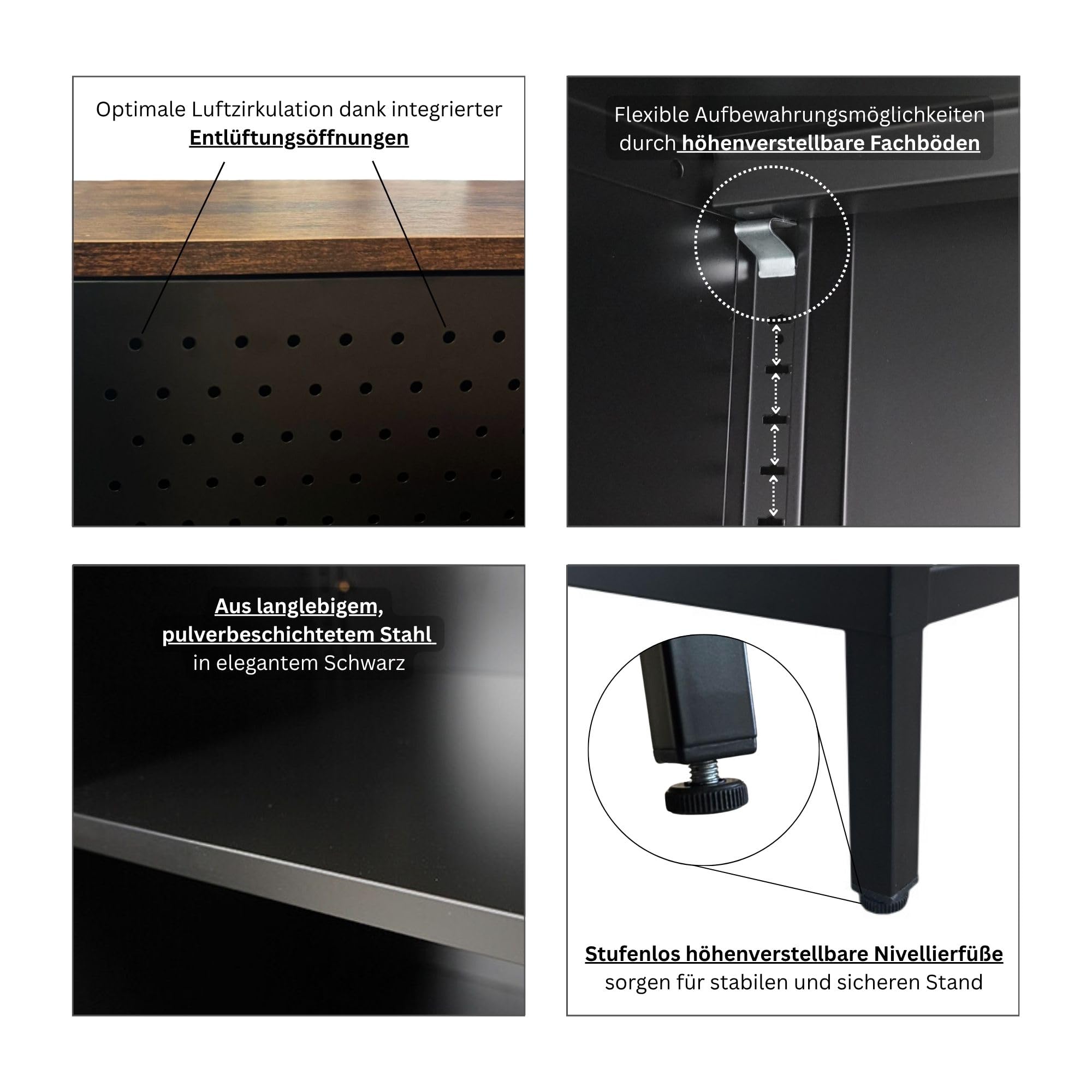 PROREGAL Aktenschrank Lion Metall mit Beinen Metallschrank Doppeltür mit Magnetverschluss 76x80x40cm Kommode 2 verstellbare Einlegeböden Stahl Vintagebraun/Schwarz Aufbewahrungsschrank Büroschrank