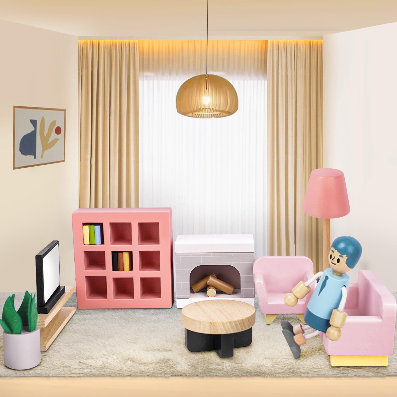 Sanlebi Set di Mobili Casa Bambole Legno, 36 Mobili Casa Bambole con 4 Bambole di Famiglia, Accessori Casa Delle Bambole, Giocattoli Per Bambini dai 3 Anni In Su