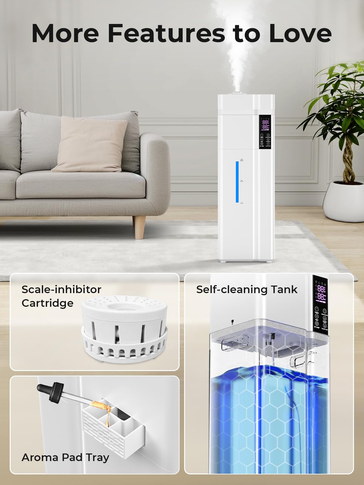 Humidificador de 13 L/3.43 galones para habitación grande, cobertura de 800 pies cuadrados, tiempo de funcionamiento de 100 horas, control automático de humedad, llenado superior, humidificadores para