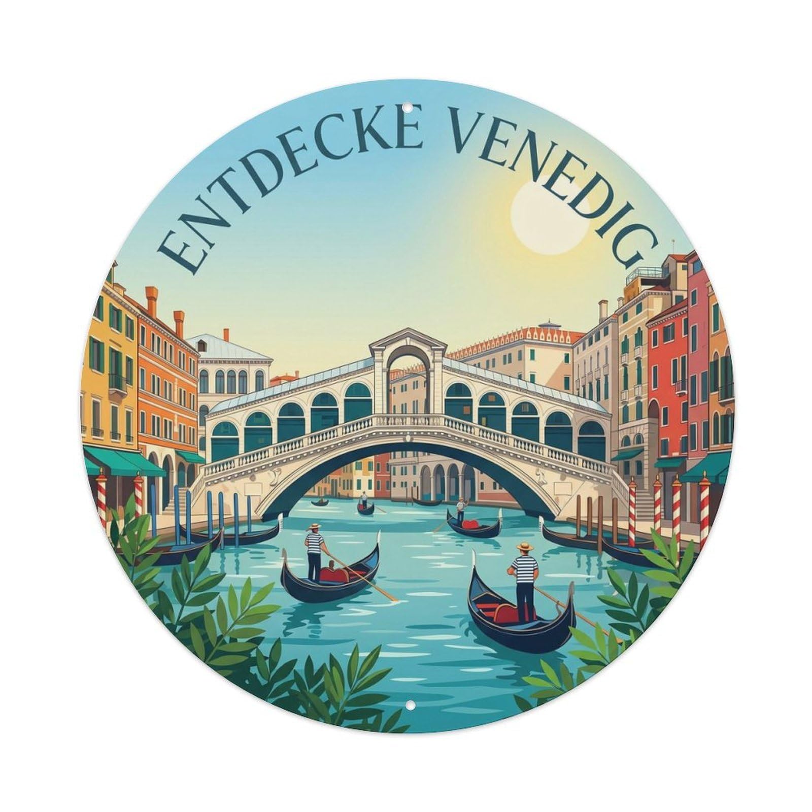 European Venetian Bridge Architecture Tourism Classic Metal Tin Sign Plaque Wall Decor for Cafe, Man Cave, Club Bar, Office, Home Garden Round Metal Poster 8x8Inch