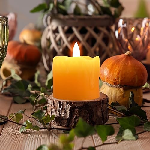 Miniatura 7 de Eywamage Velas votivas sin llama de Navidad naranja con pilas remotas, velas LED de cera goteante, juego de 6  2 pulgadas de alto
