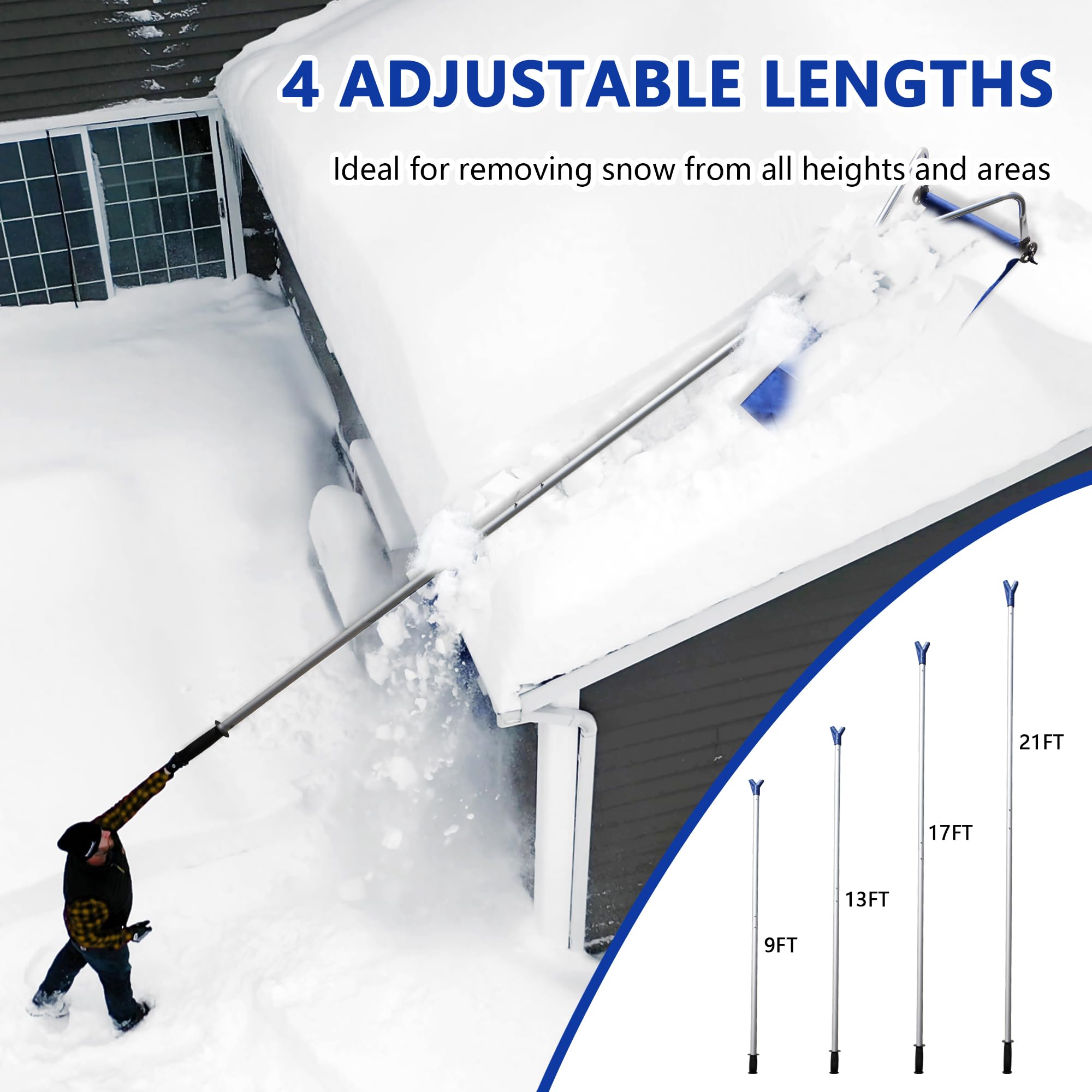 TRY & DO Snow Roof Rake, Adjustable Aluminum Snow Removal Tool - 9-21ft Telescoping Pole, Non-Slip Handle, 3 Inch Wheels - Lightweight Snow Shovel for Clearing Vehicle and Roof Snow