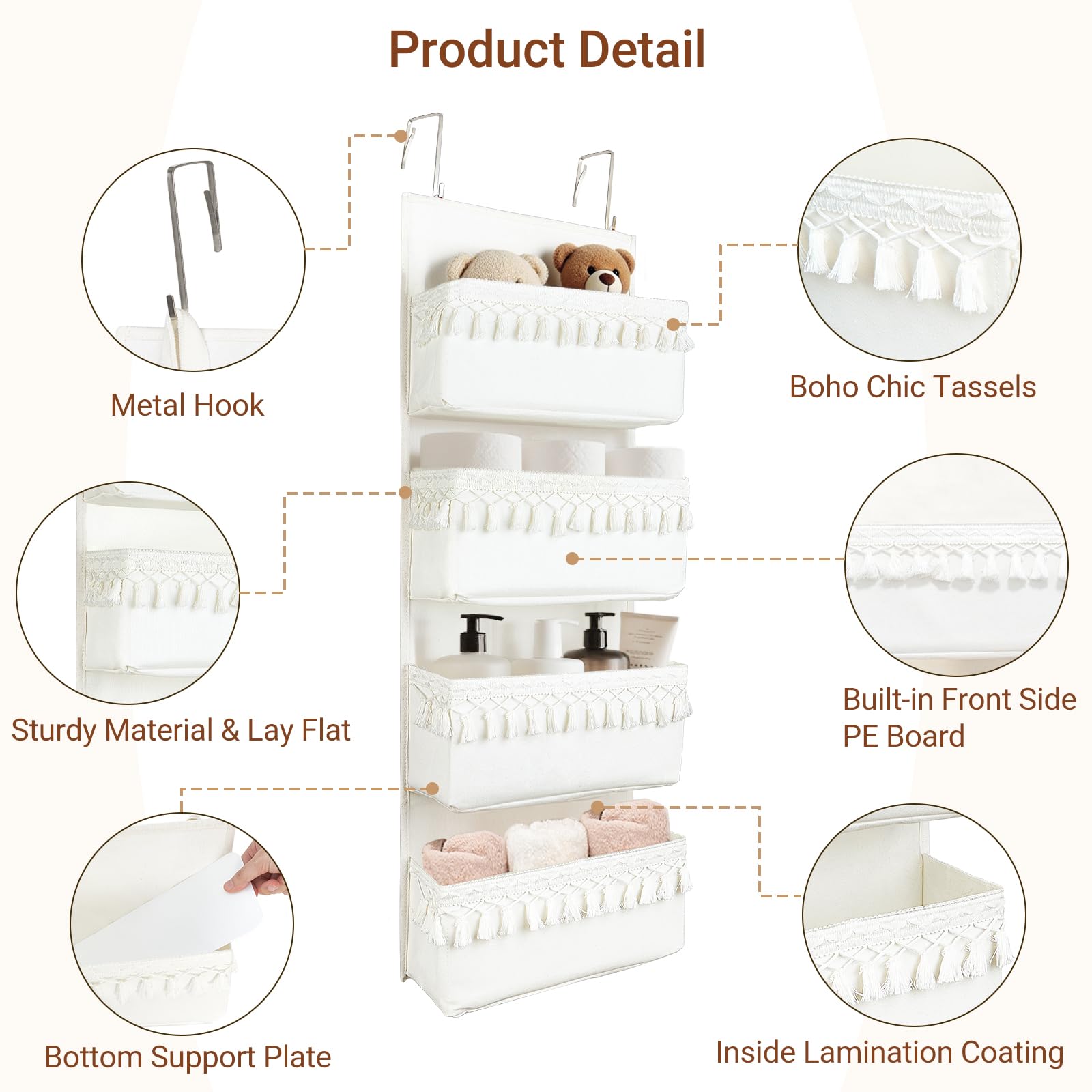 FEILANDUO Over The Door Organizer Boho Macrame Closet Organizers and Storage with 3 Large Woven Pockets Behind Door Organizer for Kids Room, Pantry, Bathroom, Bedroom, Dormitory (Ivory