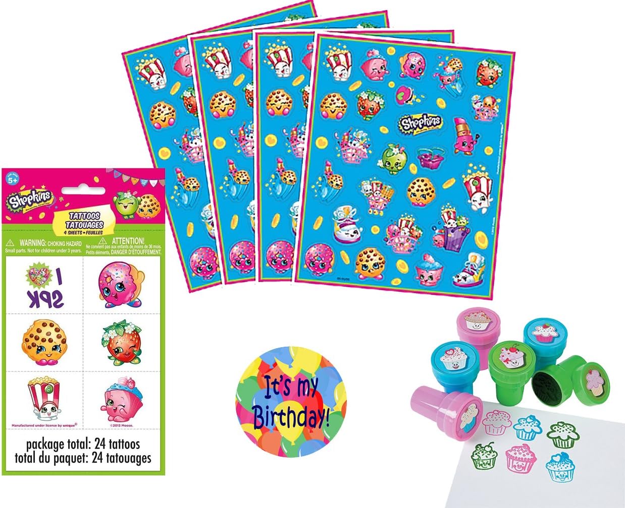 Shopkins Party Favors For 12 - 12 Sheets of Shopkins Stickers, 24 Shopkins Tattoos, 12 Cupcake Stampers and a Birthday Sticker (Total 49 pieces)