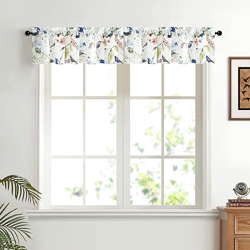 Miniatura 8 de VOGOL Cortinas de cenefa azul para sala de estar, lino texturizado con estampado de pájaros y flores, cortinas de ventana con bolsillo para barra,