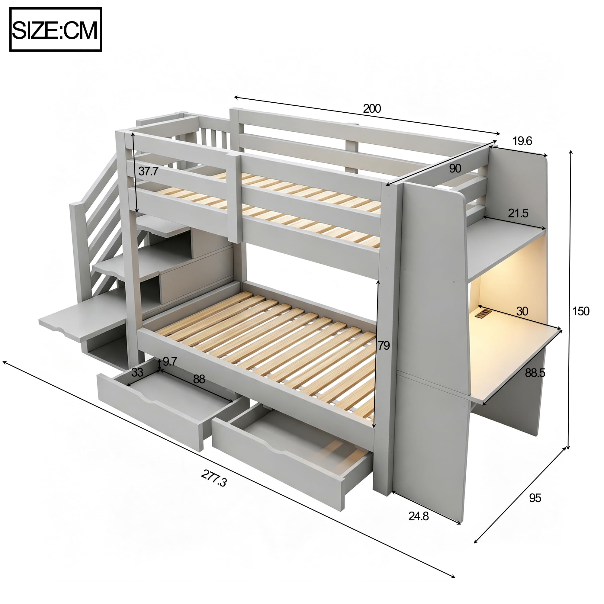 Etagenbett für Kinder, 90 x 200 cm, Holzrahmen mit Leiter, integriertem Schreibtisch und Schubladen, geeignet für Jugendliche und Erwachsene, Grau