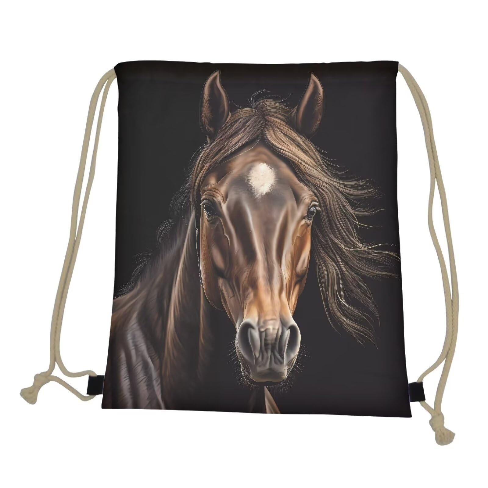 COEQINE Black Horse Bag Cool Brown Animal Drawstring Backpack Portable Foldable Gym Bag for Women Men Kids