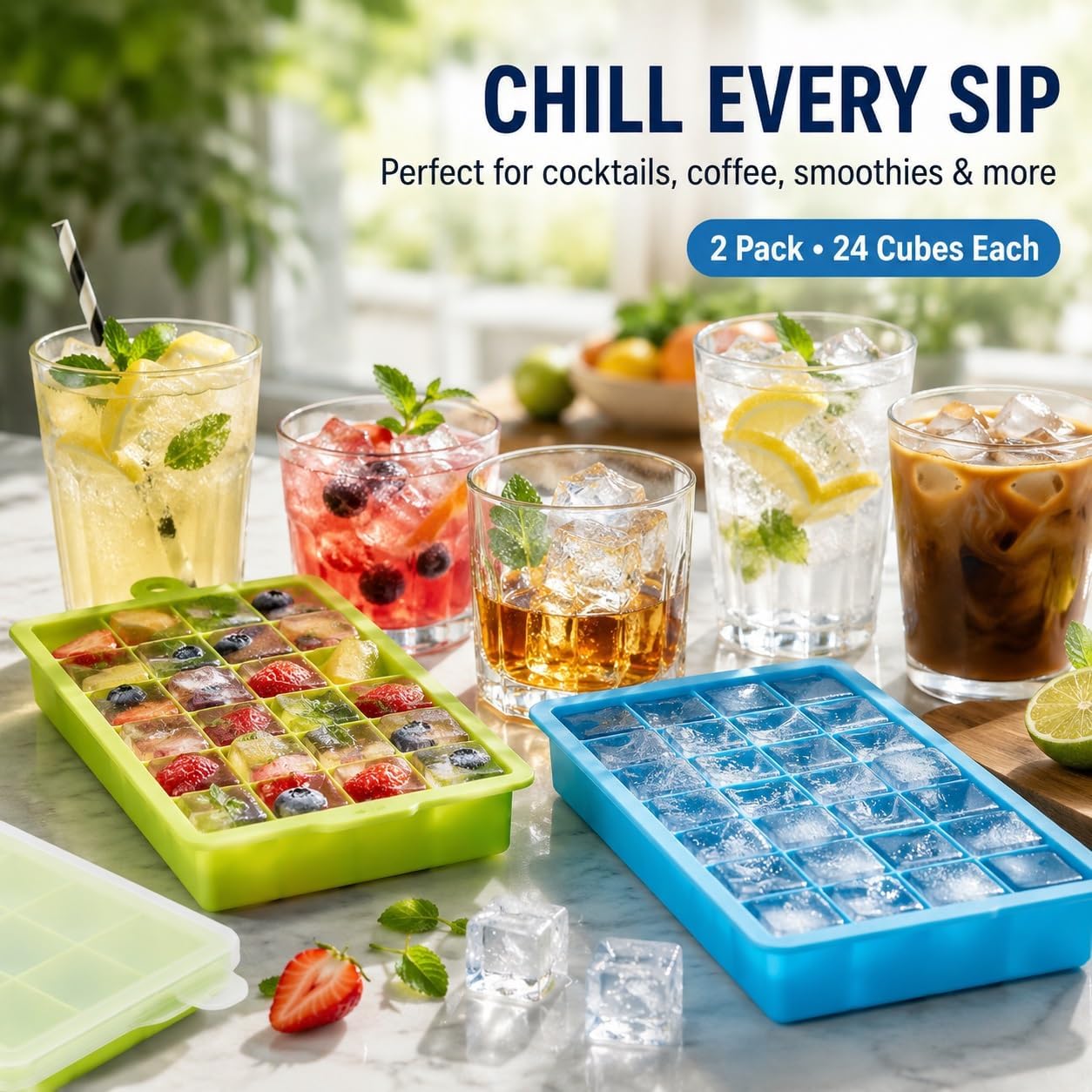 2 Pack Ice Cube Trays with Lids, Premium Food-Grade Silicone Freezer Molds, Easy Release Flexible 24-Cube Trays, BPA Free, Stackable with Removable Covers for Cocktail, Whiskey, Coffee, Green&Blue