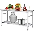 Folding Stainless Steel Table, 60x24 in, Commercial Work Table w/Lockable Casters & Undershelf, Foldable Double-Tier Stainless Steel Workstation for Kitchen, Restaurant, Garage, Camping, Outdoor
