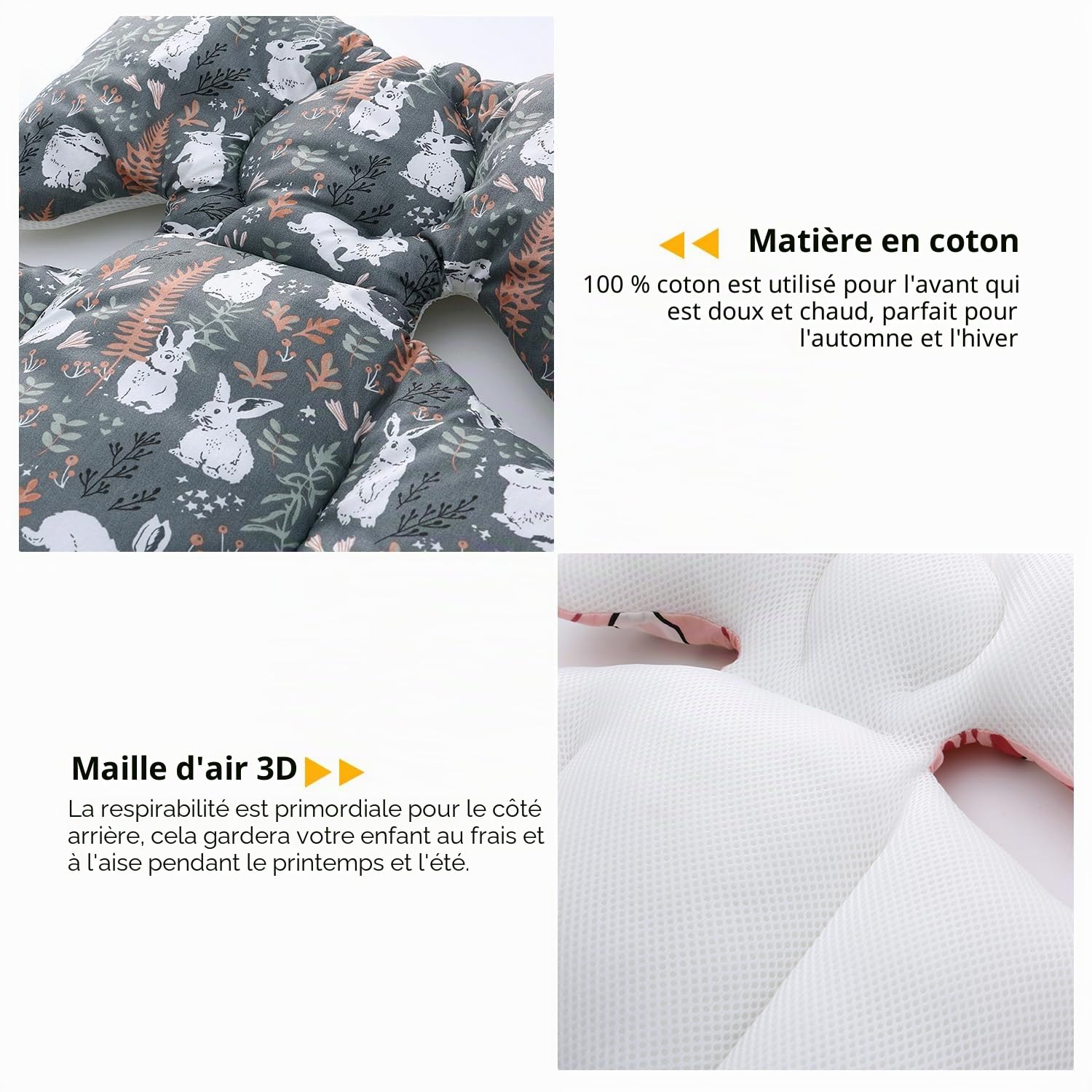 Coussin de Siège Réversible pour Poussette Matelas Universel Soutien Bébé Coussin Réducteur de Landau en Coton pour Enfant Fille Garçon (Lapin Gris)