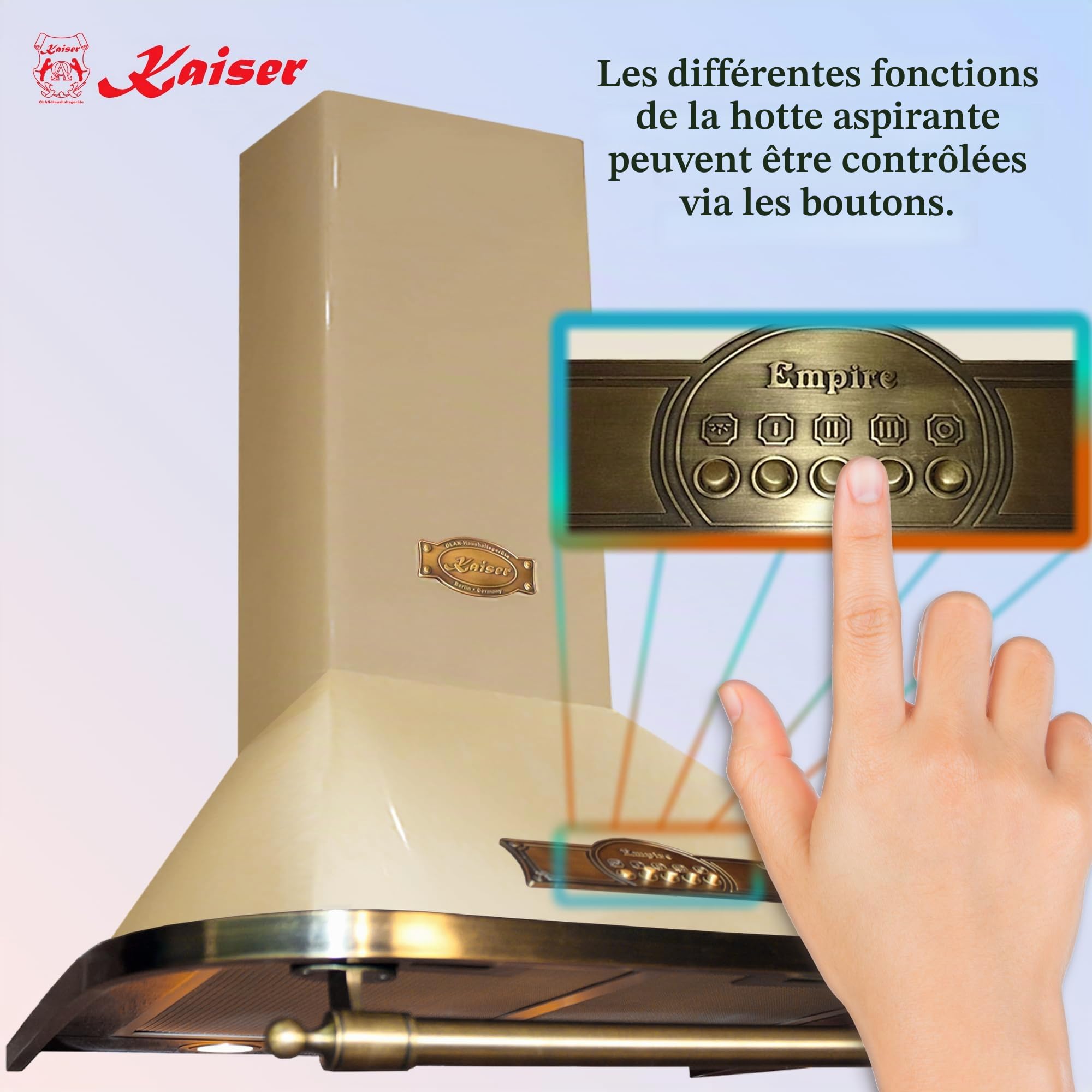 Kaiser Empire Hotte 60 cm/Hotte murale/du fabricant Luxe Kaiser/Hotte cheminée Ivoire -Empire/Poignée - Bronze/Hotte/ 910 M³/H/avec filtre à charbon actif/Gagnants de German Brand Award 2017