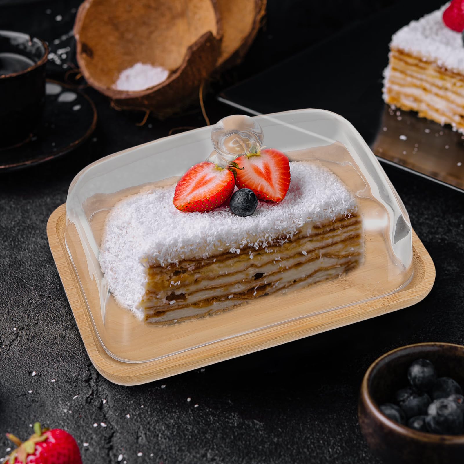 Baluue 1 set di alzata per torte in legno con copertura a cupola in vetro rettangolare per torta, campana in vetro, trasparente, supporto per cupcake e dolci, per matrimoni, feste di compleanno