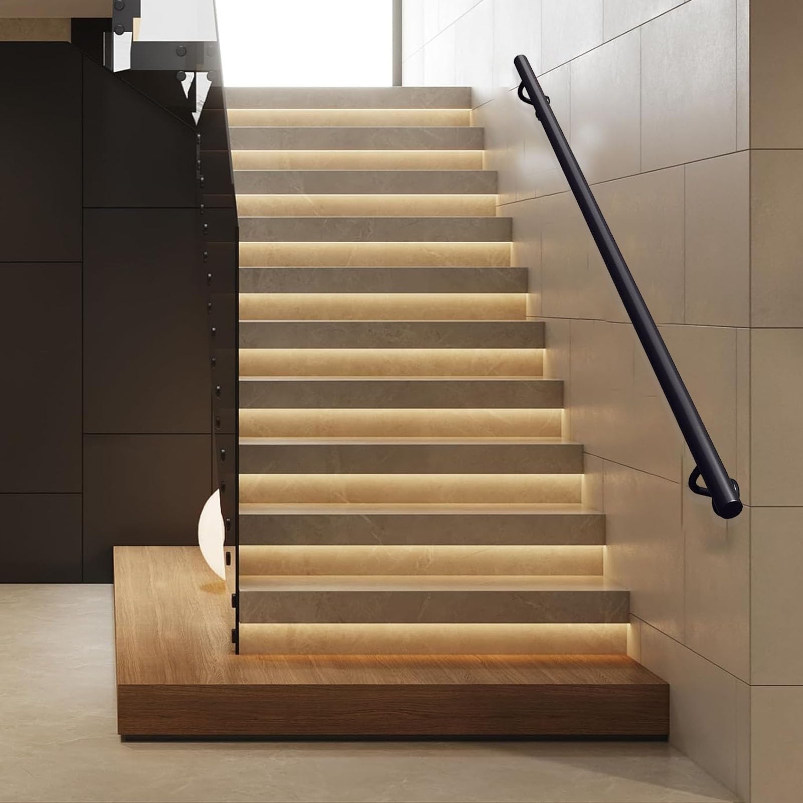 Rampe d'escalier en métal noir 200 cm avec supports muraux pour intérieur et extérieur