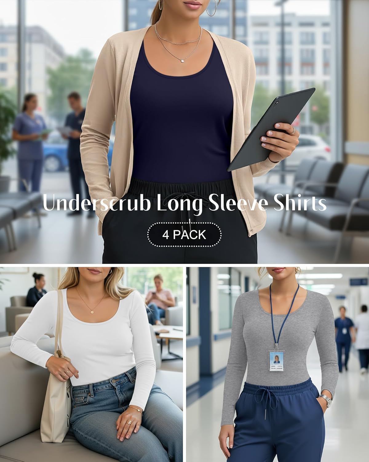 4 Pack Plus Size Underscrub Long Sleeve for Women, Cotton Blend Scoop Neck Undershirts, Nurse Fitted Basic Tops - Image 5