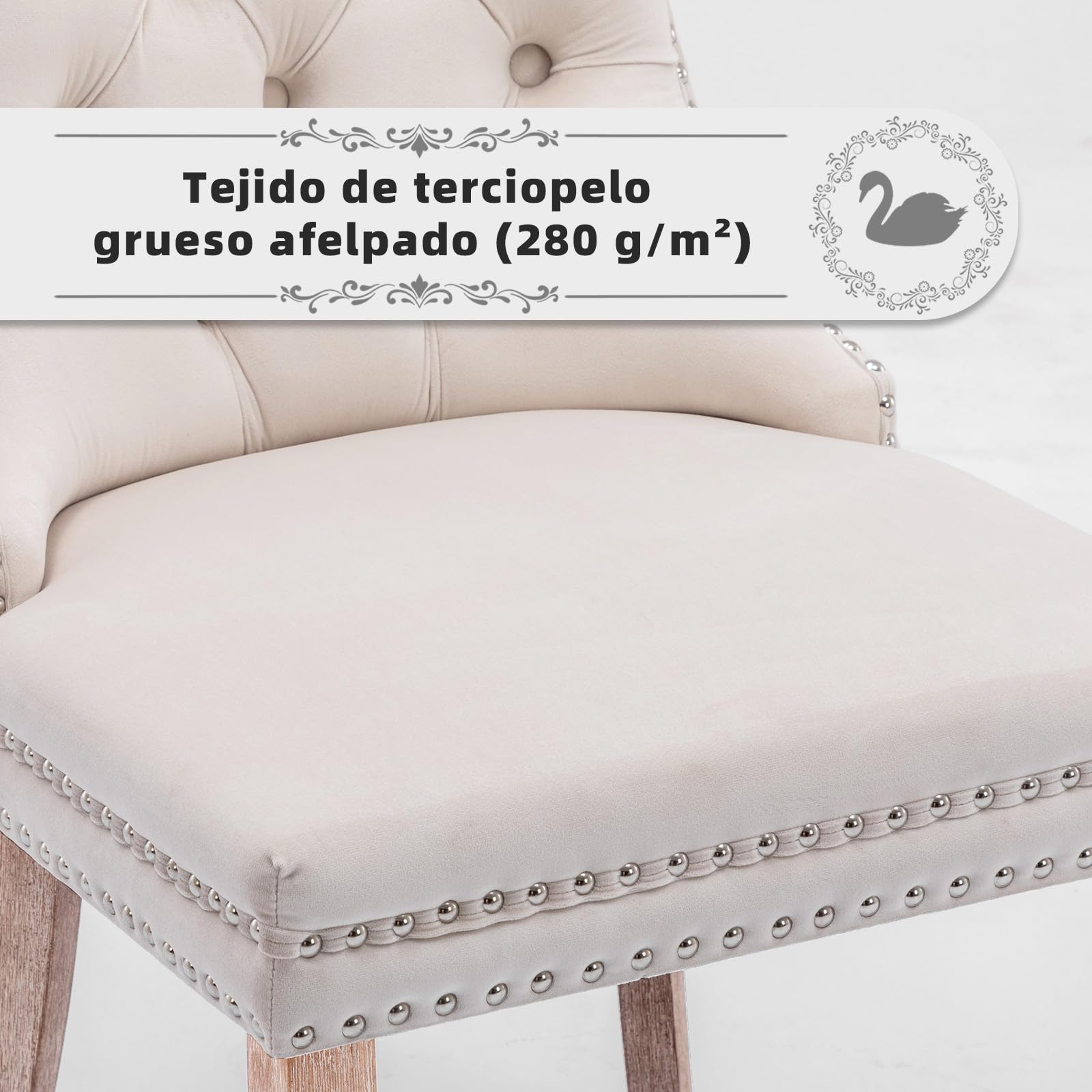 Sillas de Comedor Tapizadas en Terciopelo, Estilo Moderno, Silla de Cocina con Tachuelas y Anilla Metálica, Patas de Madera Natural, Juego de 4, Beige