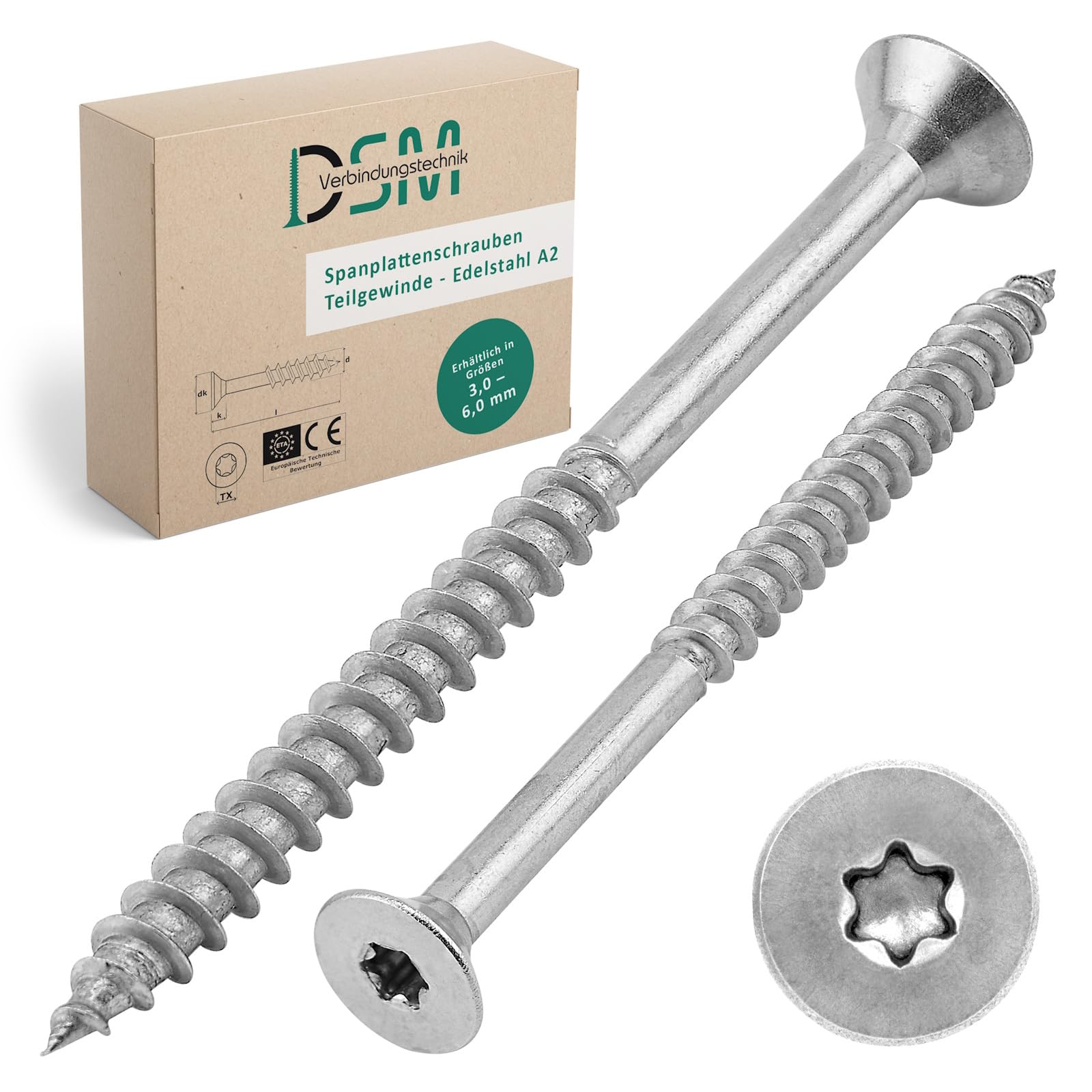 DSM – Tornillos para aglomerado de 5 x 80 mm – Acero inoxidable A2/V2A – con cabeza avellanada y tracción TX – Aprobado por ETA – Tornillos para madera con rosca parcial – Tornillo para madera