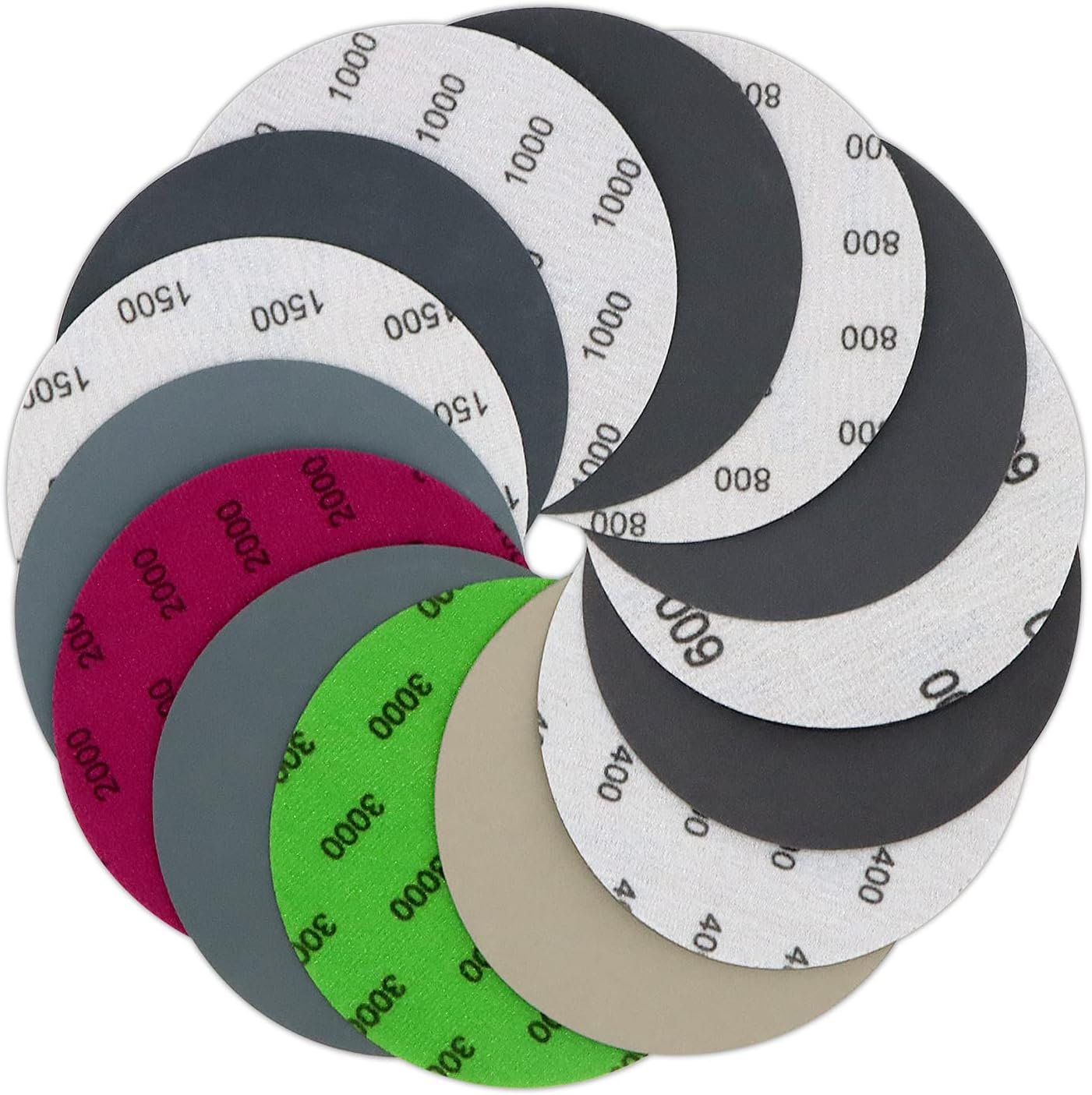 - VIBRATITE 70 Pieces 5 Inch Wet Dry Sanding Discs, 400 600 800 1000 1500 2000 3000 Assortment Grits Silicon Carbide Hoop and Loop Sandpaper for Random Orbital Sander Wood Finishing Automotive Polishing
