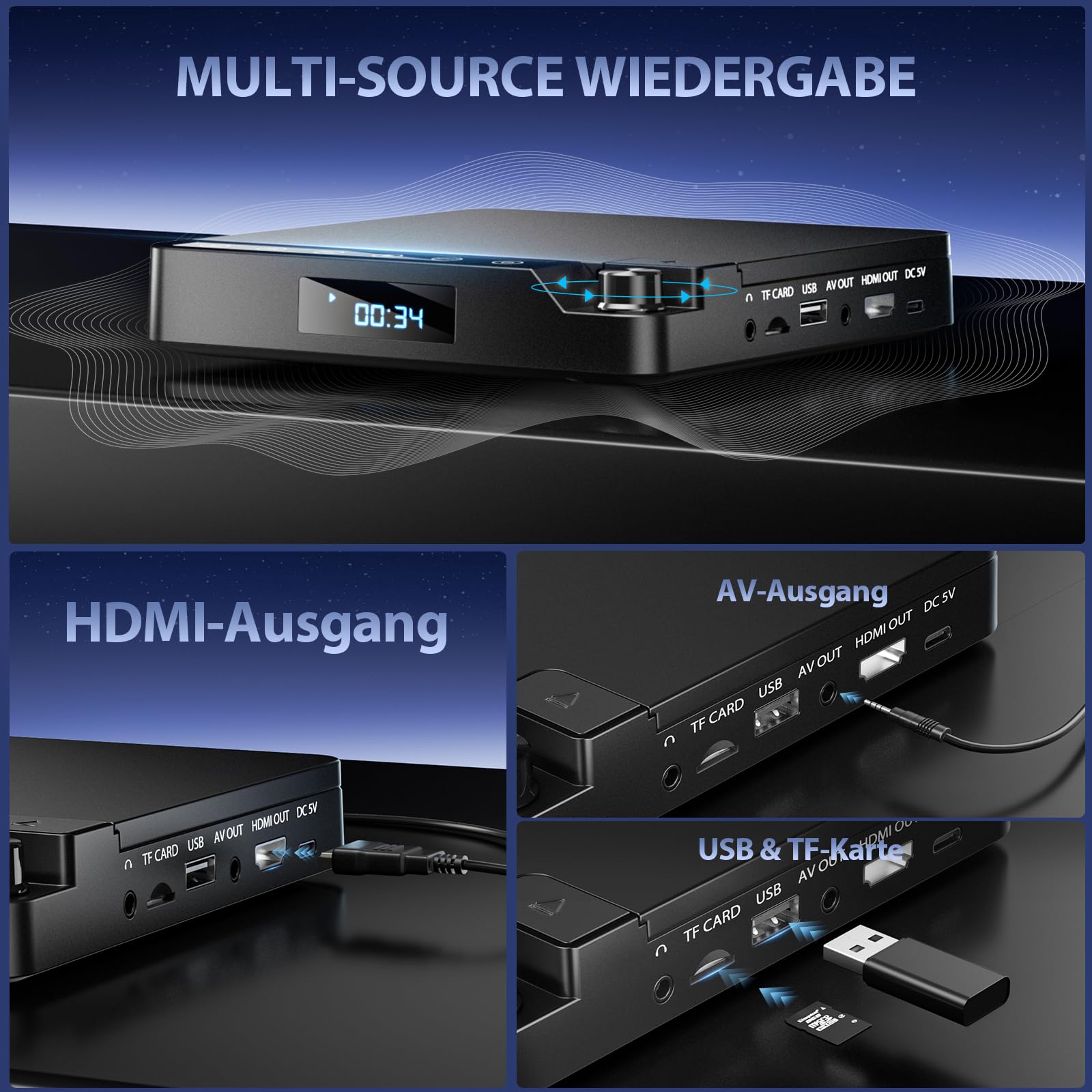 Desobry DVD Player für Fernseher 1080p | HDMI/AV, USB/TF-Karte Eingang, All Region Free, Haltepunktspeicherung, Rauschunterdrückung