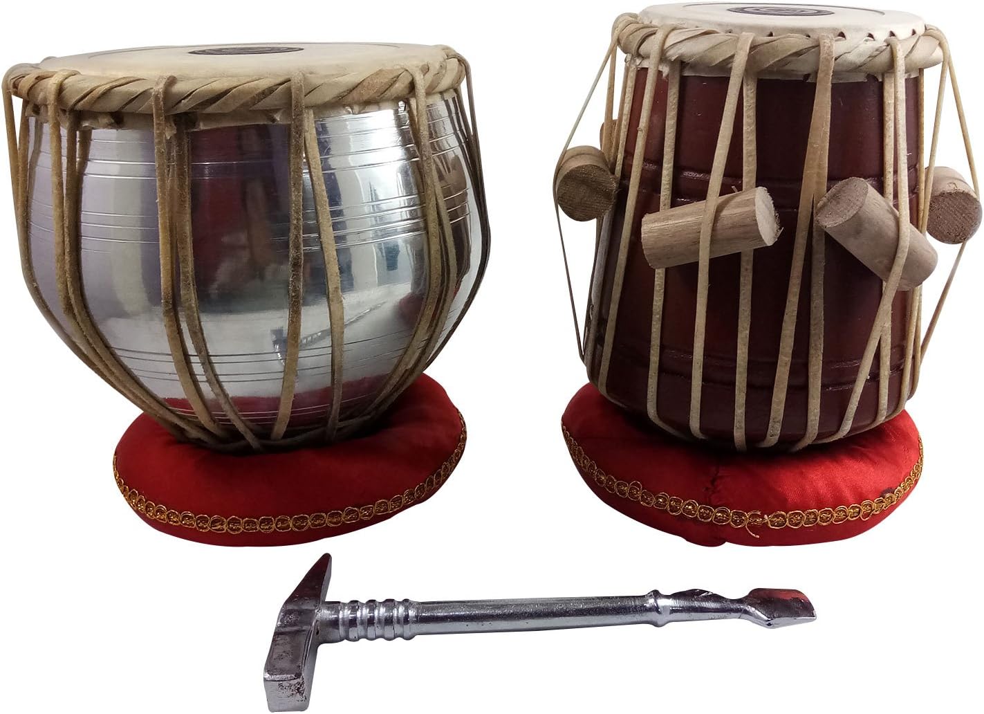 India Meets India Tabla Set 6.5" Metal Bayan and 7.5" Mango Wood Dayan with Gaddi, Hammer, Dayan & Bayan Covers & Bag for Kids Training