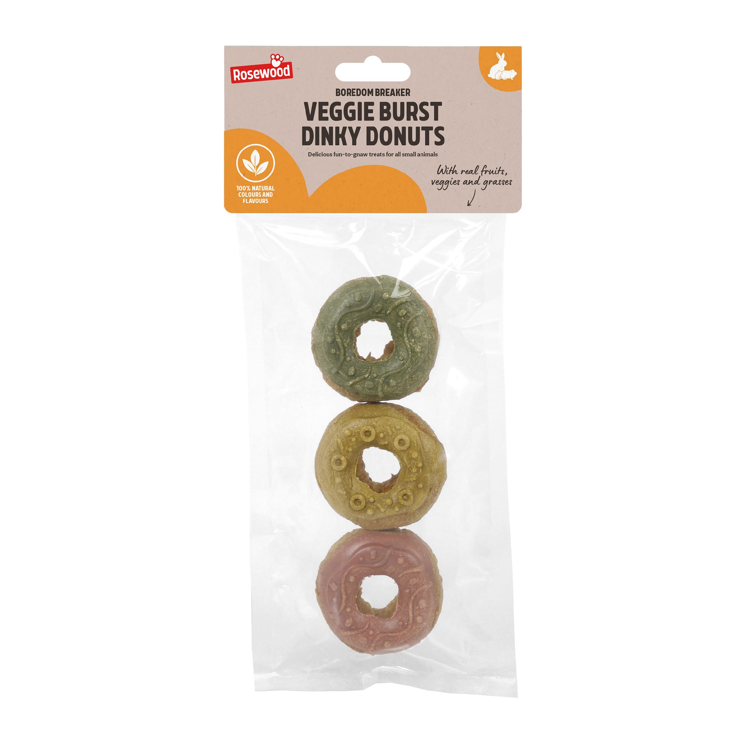 Rosewood Veggie Burst Dinky Donuts - Treat and Gnaw, Made with Natural Grasses and Vegetables, Boredom Breaker Treats for Rabbits, Guinea Pigs, Hamsters and all other Small Animals, 3pc