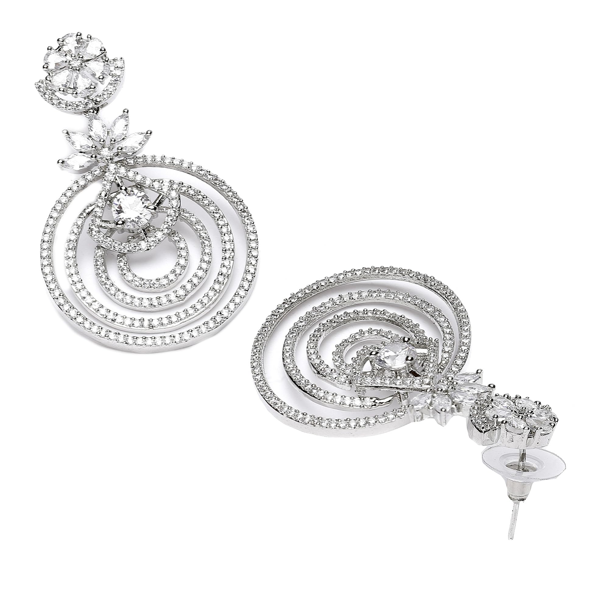 Rhodium-Plated Floral & Circular Layered Drop Earrings