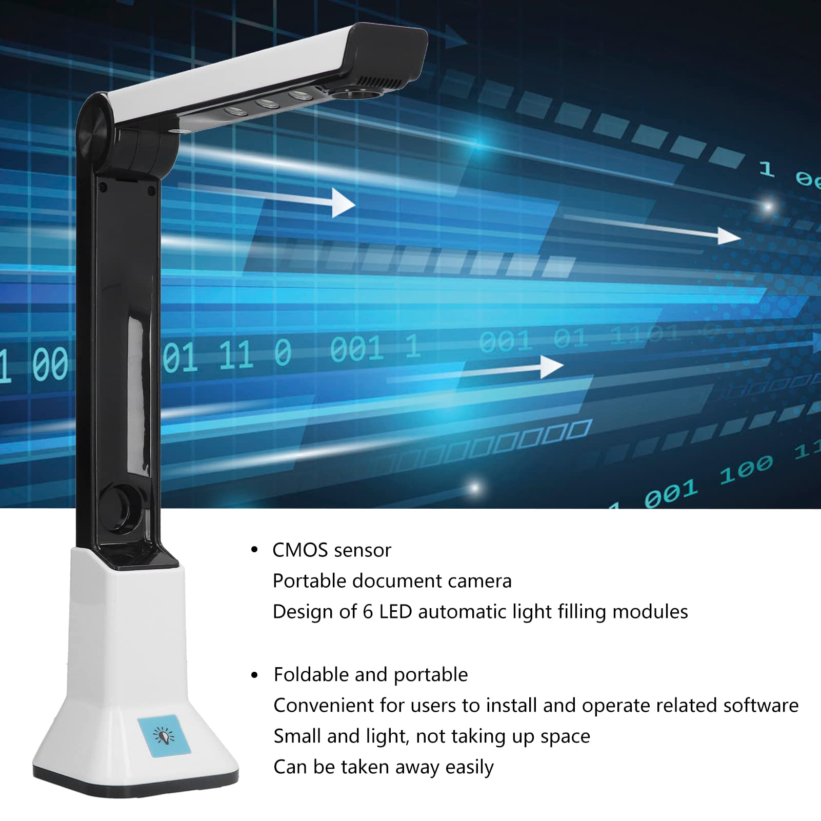 Scanner da soffitto SustVita con riempimento automatico della luce a 6 LED, fotocamera per documenti portatile ad alta definizione da 8 MP, design pieghevole, supporta PDF e JPG