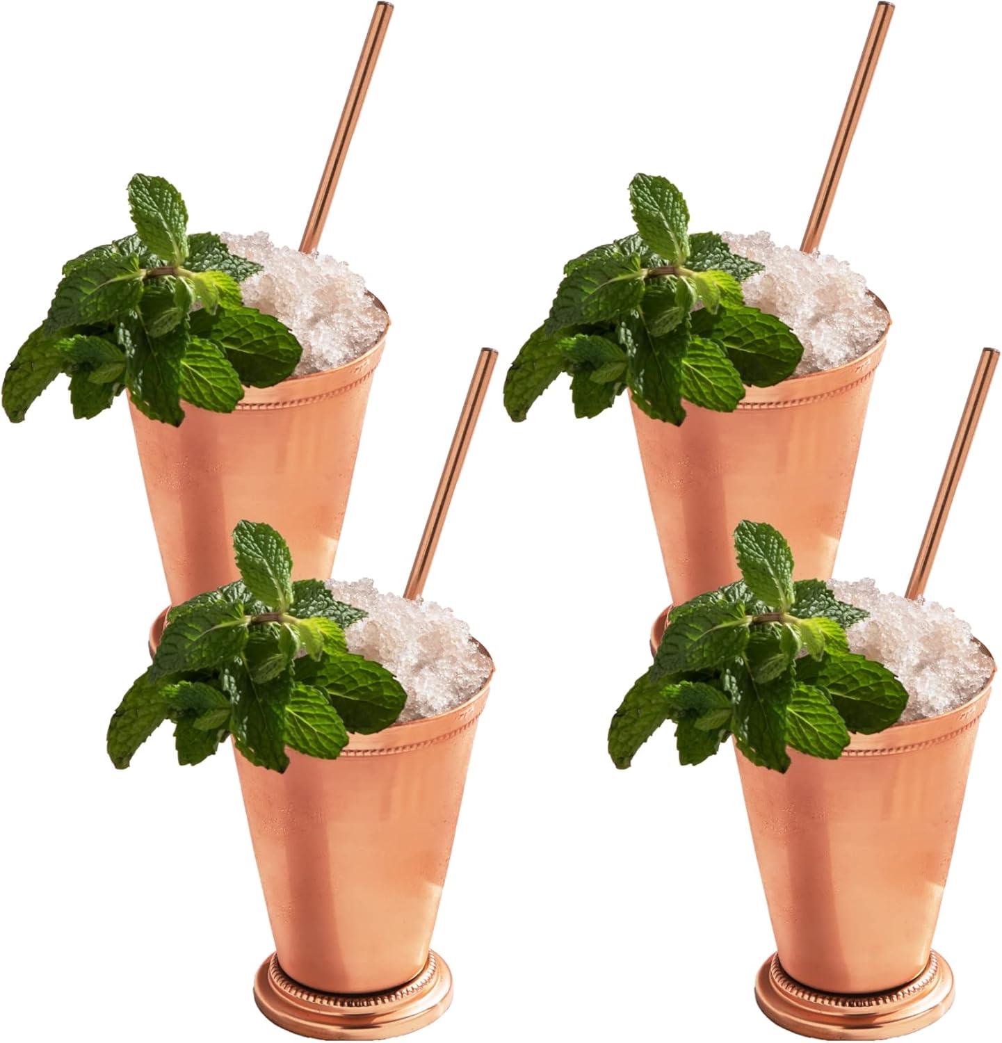 Handcrafted Copper Mint Julep Cups with Straws, Set of 4