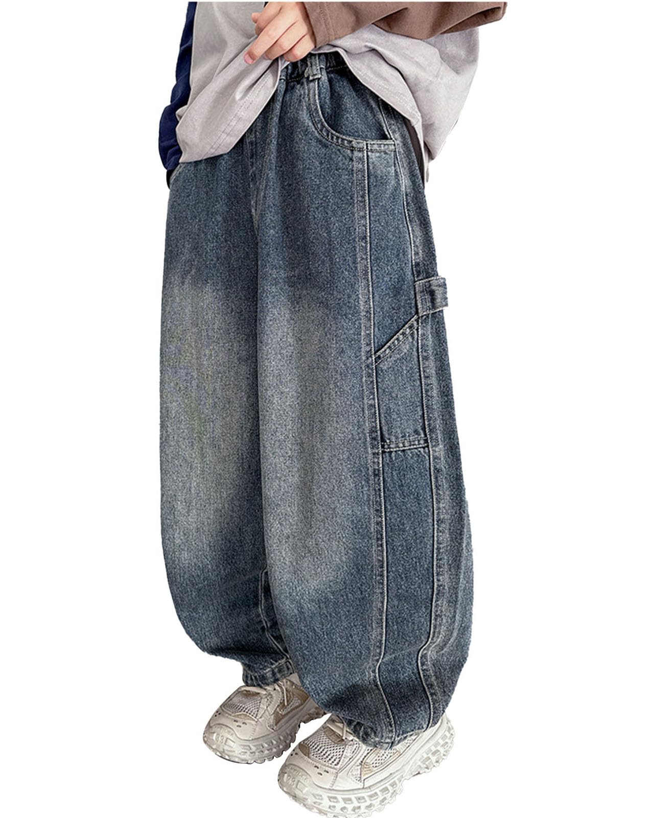 Vaquero Baggy para niños, Cintura Alta Informal, Cintura elástica, Pantalones Vaqueros de Pierna Recta