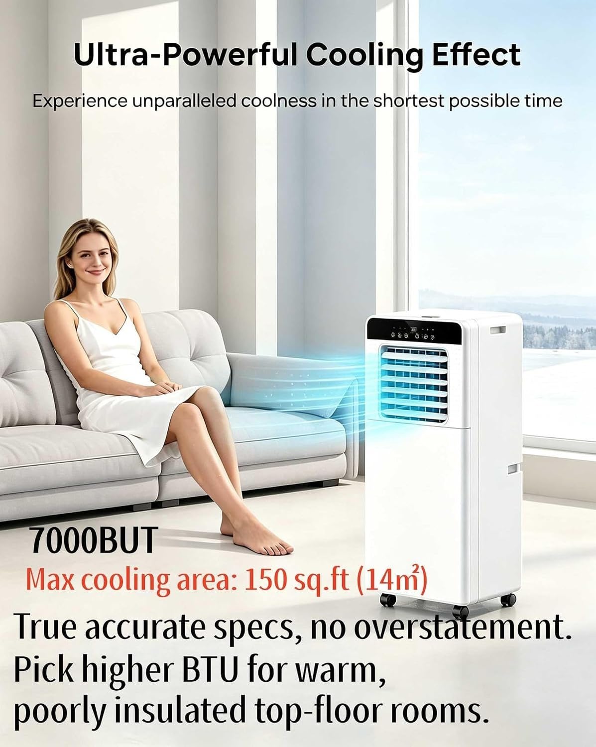 Przenośny klimatyzator 9000 BTU z osuszaczem, do 20 m², 24h timer, 3 prędkości wiatru, bez odpływu, czynnik R290, 7000.0 British Thermal Units