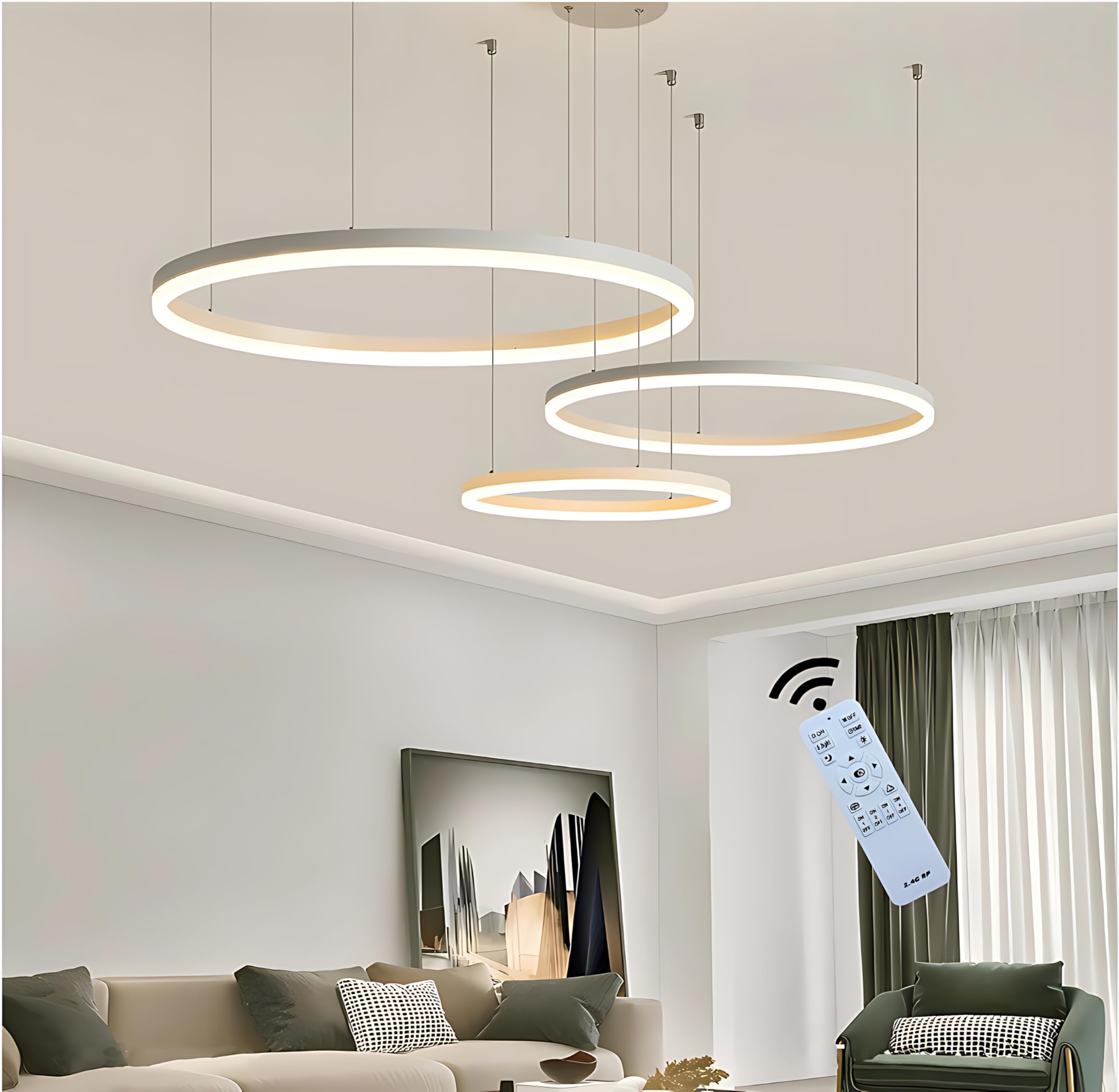 BEHWU LED Chandelier, Modern Circular LED Pendant Light with Remote Control, Dimmable Ring Pendant Lights for Kitchen Island, Living Room, Dining Room (Color : White, Size : 3 Ring 40+60+80cm)