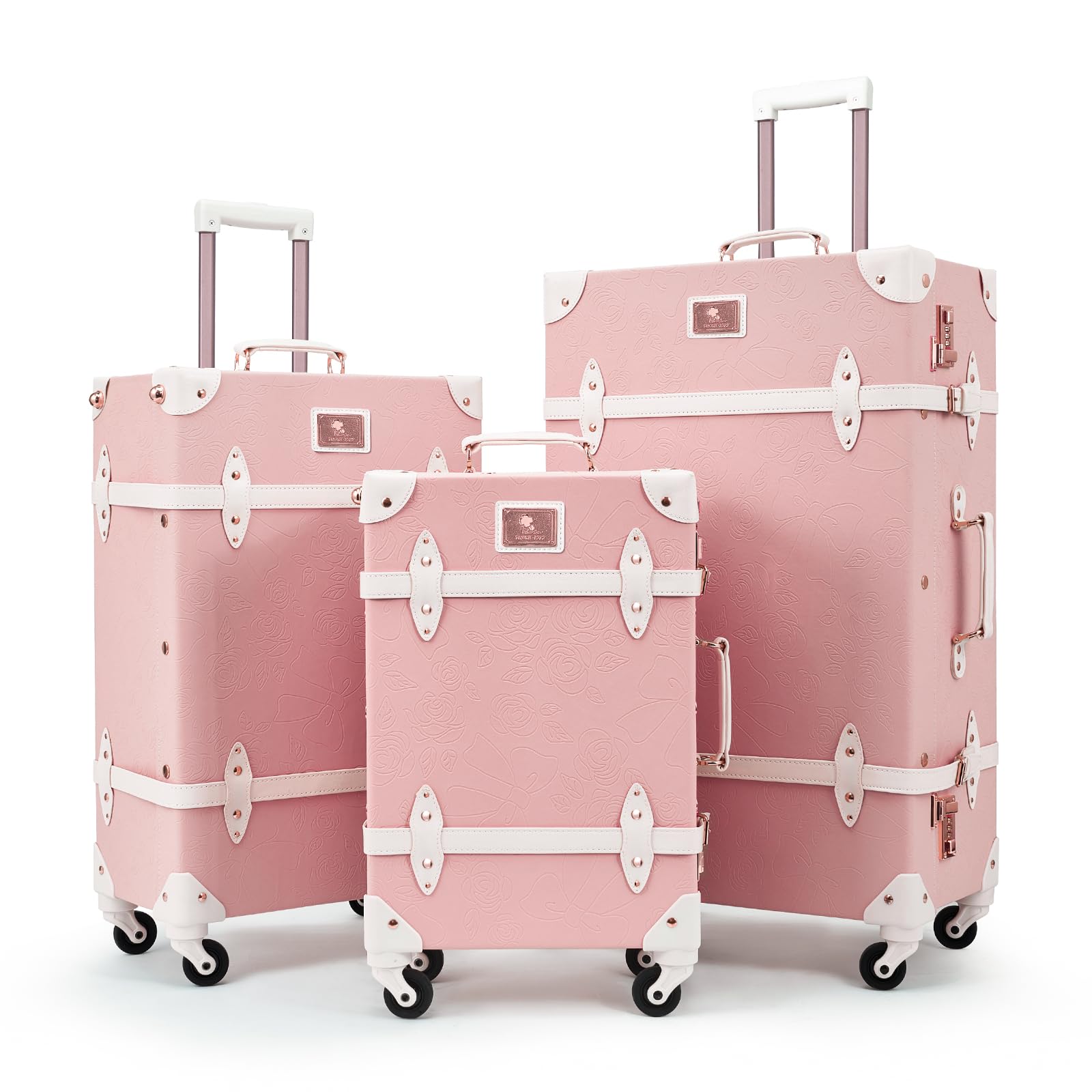 Unitravel Vintage Luggage Set for Women, 3 Piece PU Leather Retro Suitcase Sets, Hardside Spinner Travel Trunk with Combo Lock, 20''/24''/28'', Embossed Pink