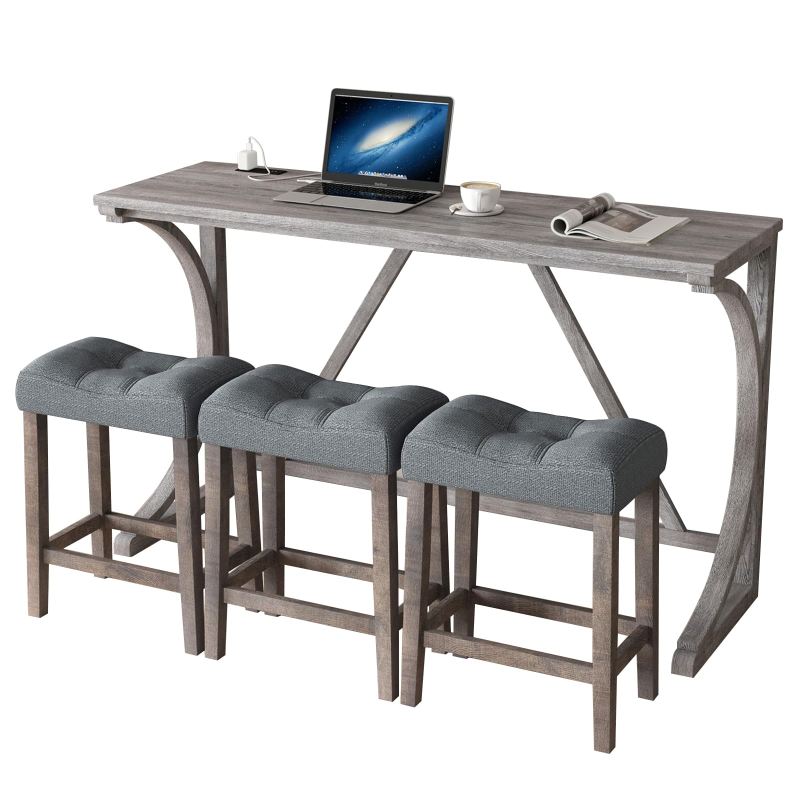 HMFULE 4 Piece Bar Table Set with Power Outlet, 59'' Dining Bar Table and Chairs Set, Industrial Breakfast Table with 3 Padded Stools for Living Room