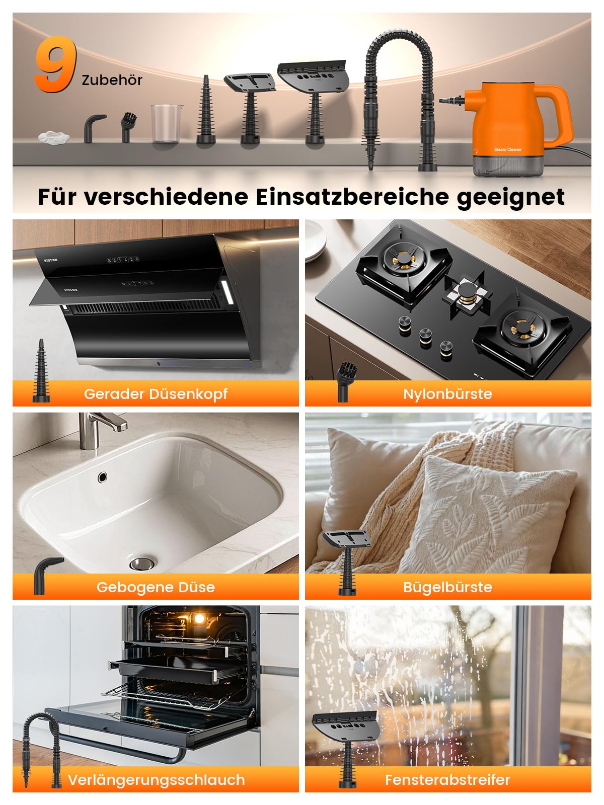 Dampfreiniger mit Smart-Touchscreen, 10 Sekunden Aufheizzeit, Orange | 400-ml-Wassertank, 4-m-Netzkabel, 2 Dampfstufen und 9-teiliges Zubehör – Dampfreiniger für Küche, Bad, Fliesen und Fugen