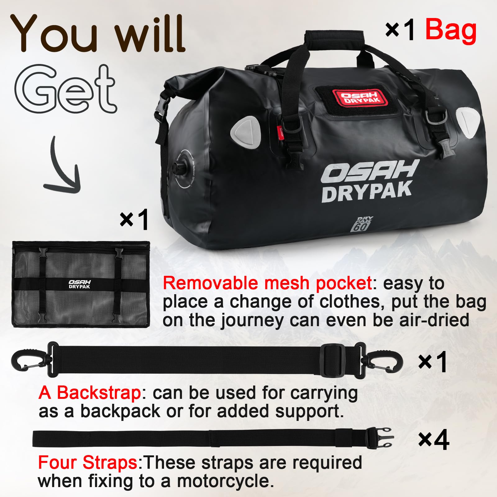 OSAH DRYPAK Bolso de Lona Impermeable - Bolsa Trasera estanca para Moto con Gran Espacio, Equipaje Impermeable con Bolsillo Exterior de Malla con Cremallera para Acampada, Kayak, Pesca y Viajes