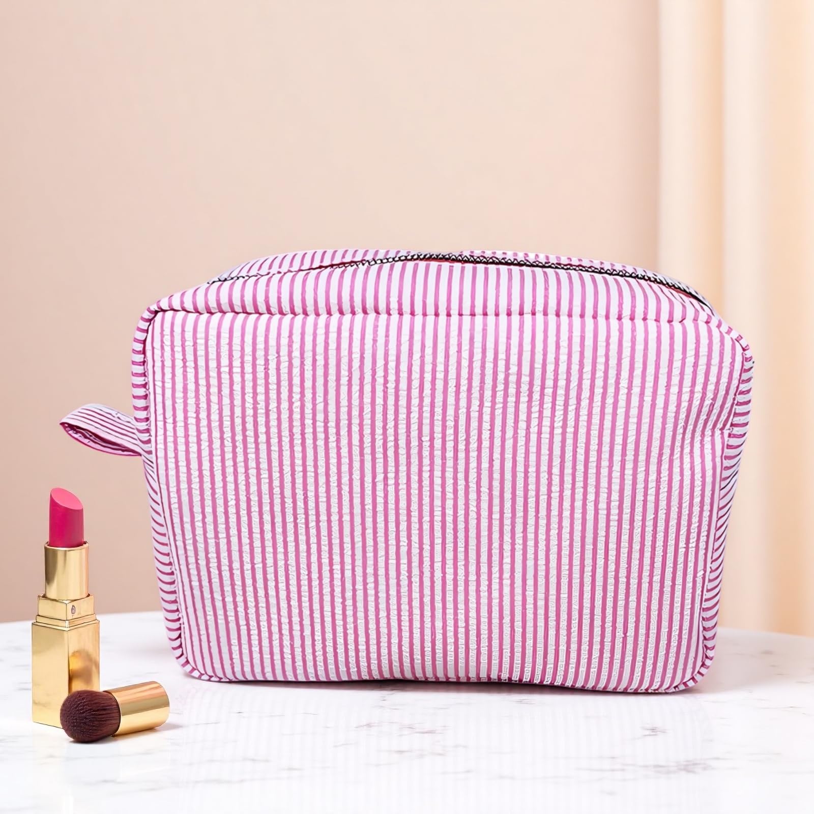 6 STK. Seersucker Kosmetiktaschen Set, rosa Streifen Make up Tasche, großer Reise Kulturbeutel Organizer, Stoff Aufbewahrungstaschen, indischer Stil für Hochzeit, Party Gastgeschenke