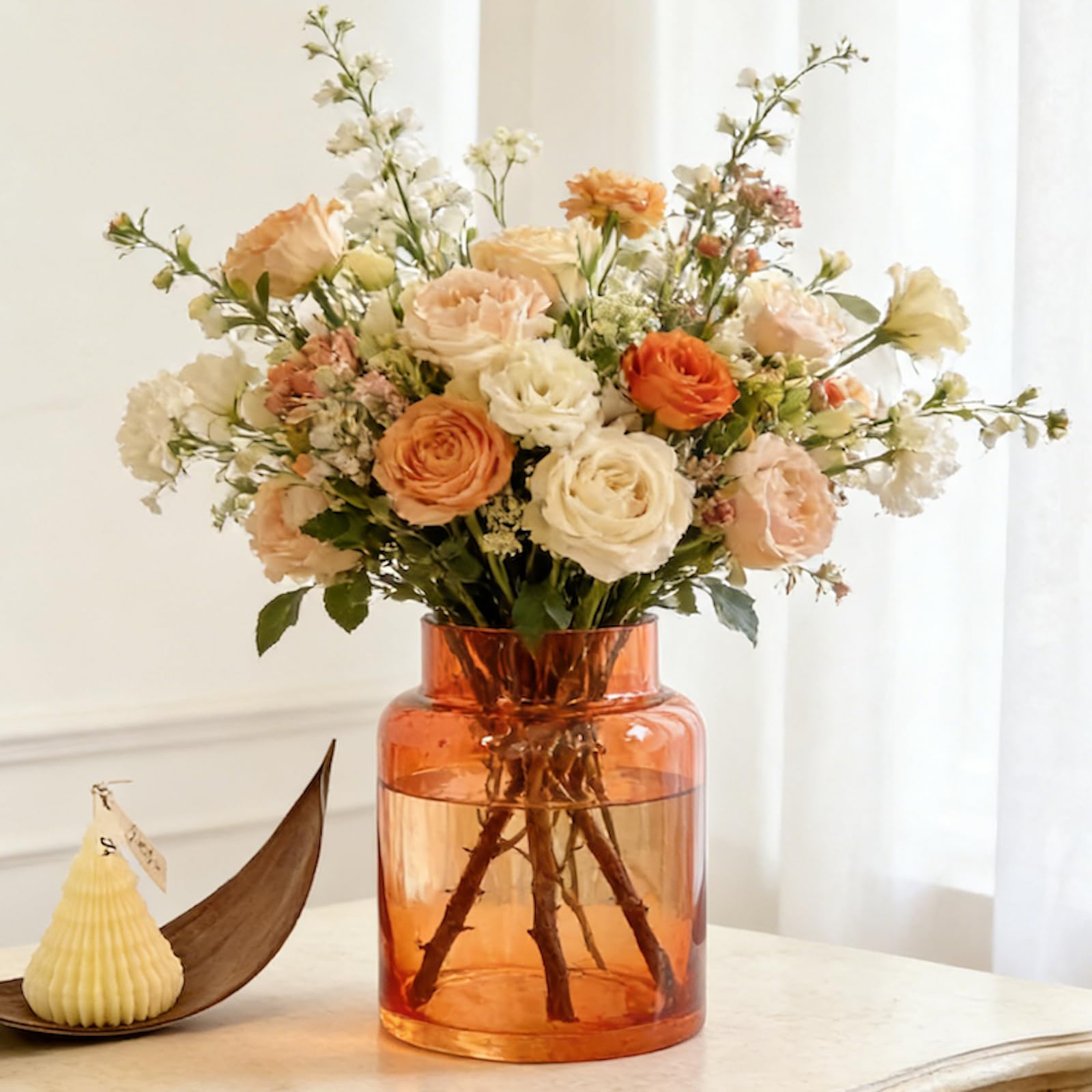 11o. 花器 BLOFLO Orange Glass Vase, 7 Inch Large Glass Vase for Flowers