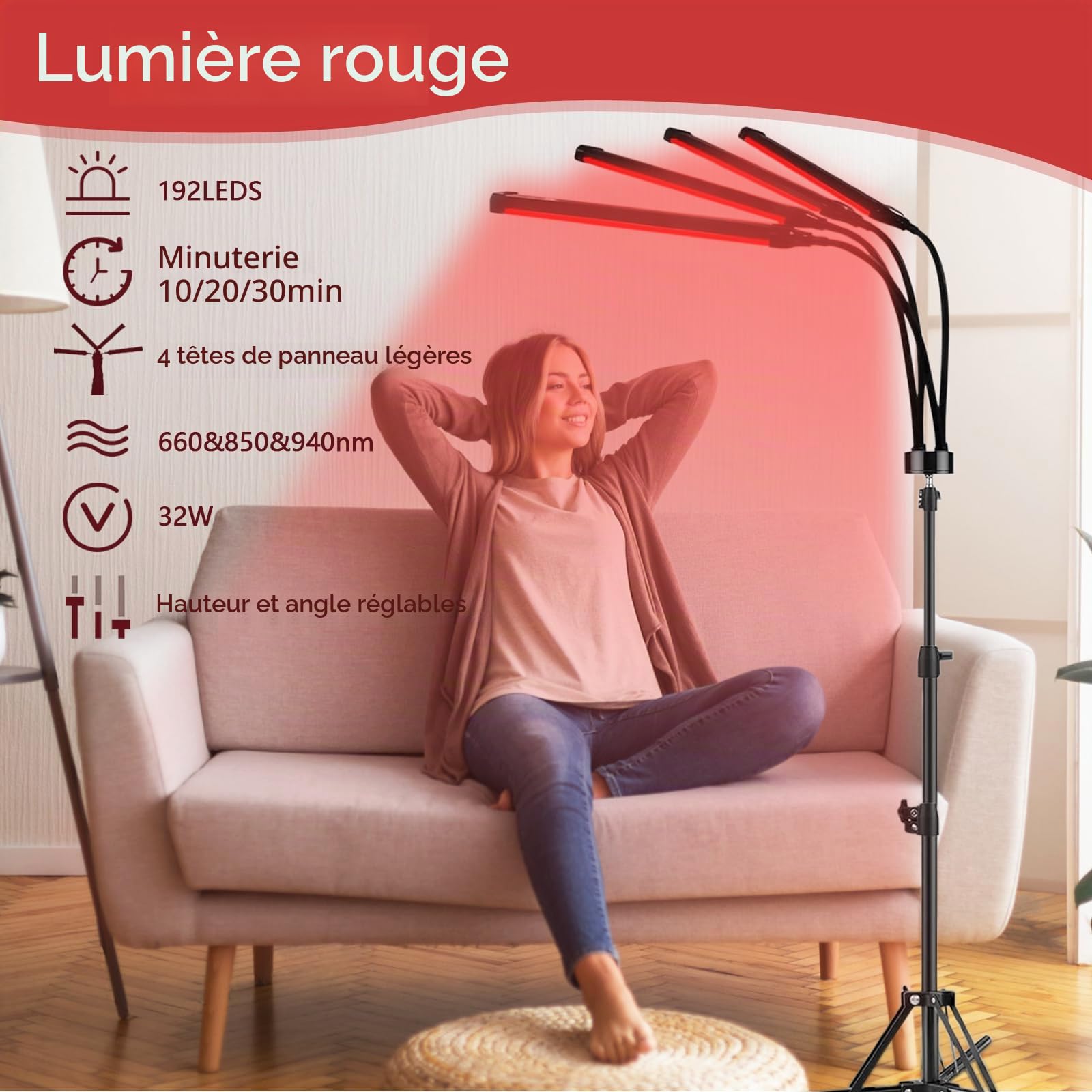 Lampe à lumière rouge avec support, 660 nm, 850 nm et 940 nm, lumière infrarouge 180 LED avec minuteur, lumières rouges rotatives à 360° pour la maison/le bureau, cadeaux d'anniversaire pour