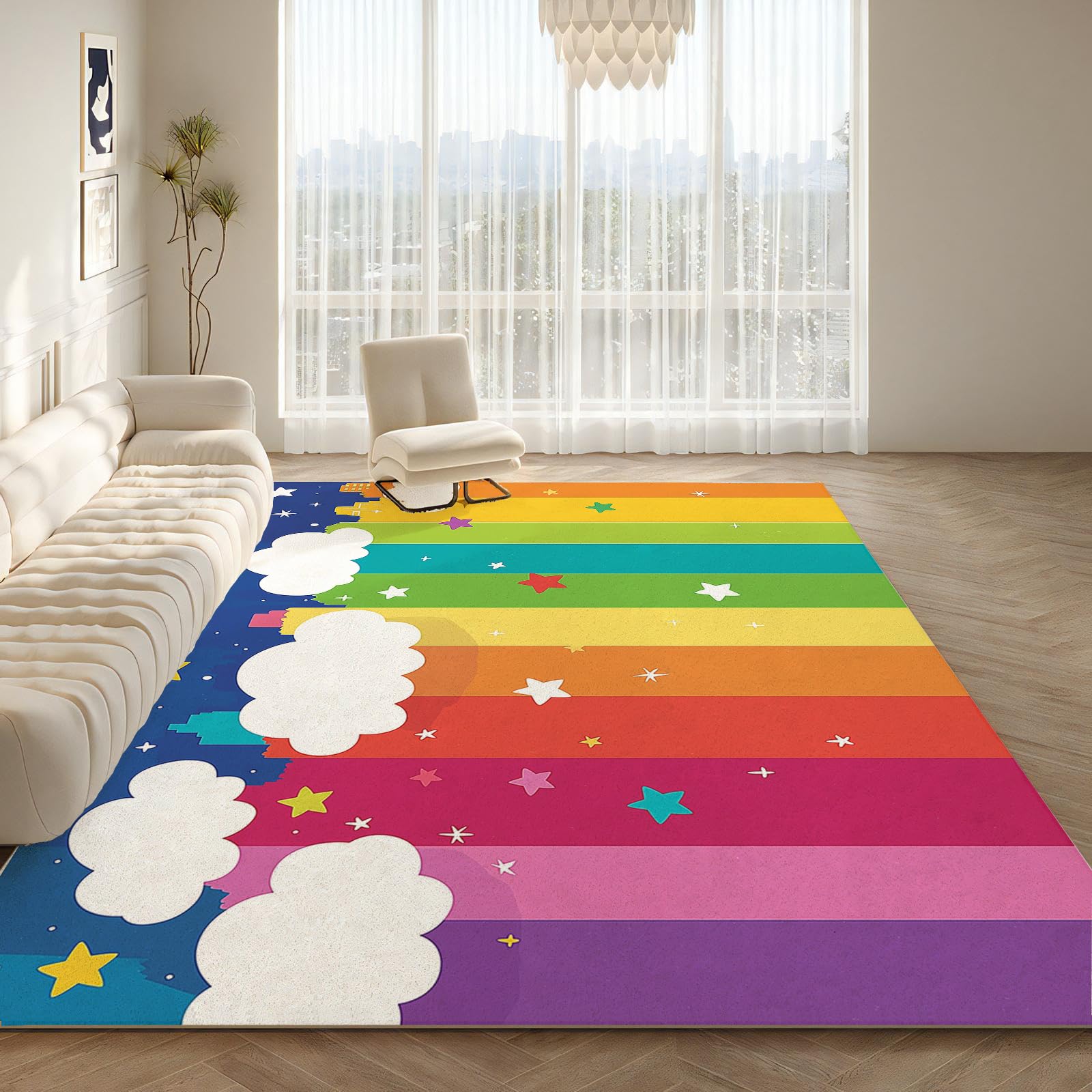 Kurzflor Kinderteppich für Jungen und Mädchen 140 x 200 cm Regenbogen - Wolken Streifen - Waschbarer Teppich Extra Weich und Antiallergen - Teppich Kinderzimmer, Babyzimmer und Spielzimmer