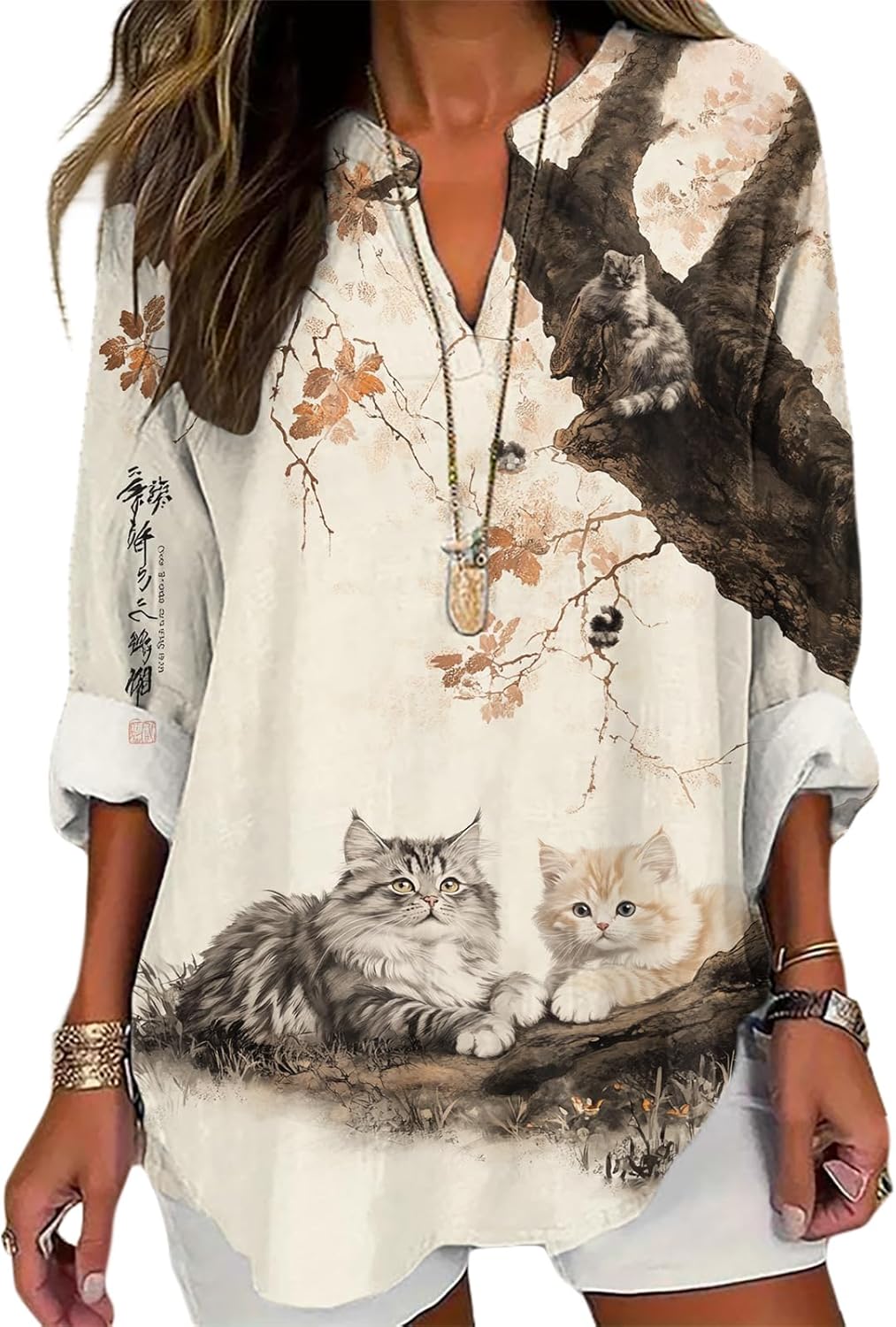 MARSVOVO Womens Blouses Long Sleeve Unique Art Print V Neck Flowy Tops Causal Shirt for Women