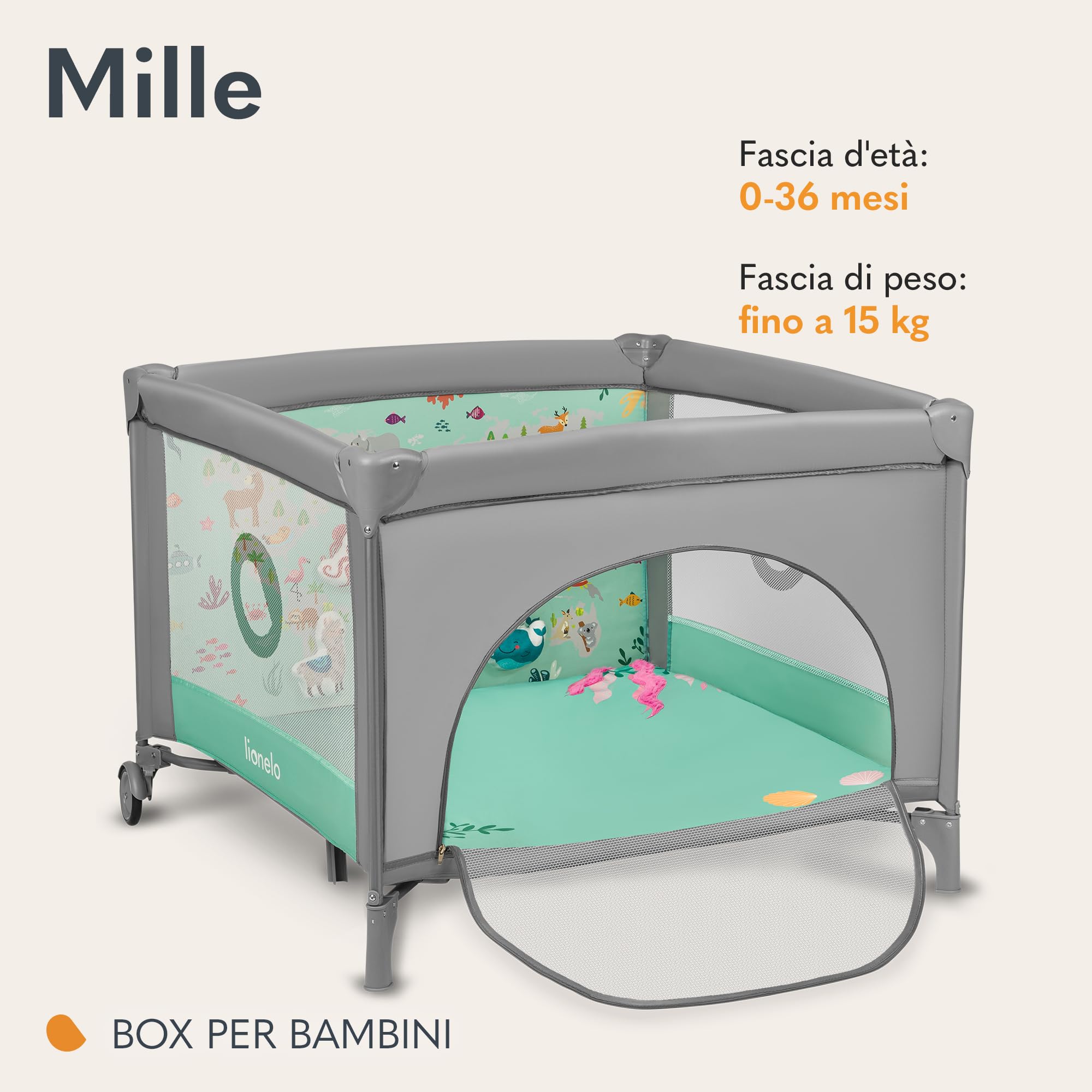 LIONELO Box per bambini e Lettino da Viaggio MILLE 2 in 1, 100 x 100 cm, Fino a 15 kg / 0 a 36 mesi, con Materasso 3D, Ingresso laterale con chiusura lampo, Ruote con freno, Facile da piegare