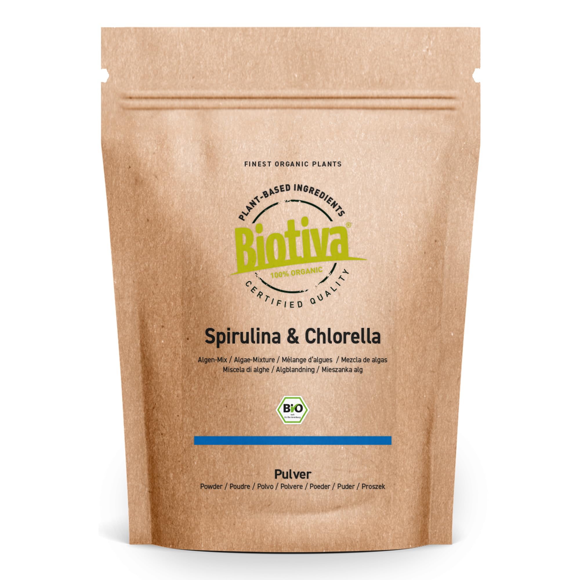 Clorella e spirulina in polvere Bio 500g | alghe | Chlorella vulgaris | confezionato e controllato in Germania | Biotiva