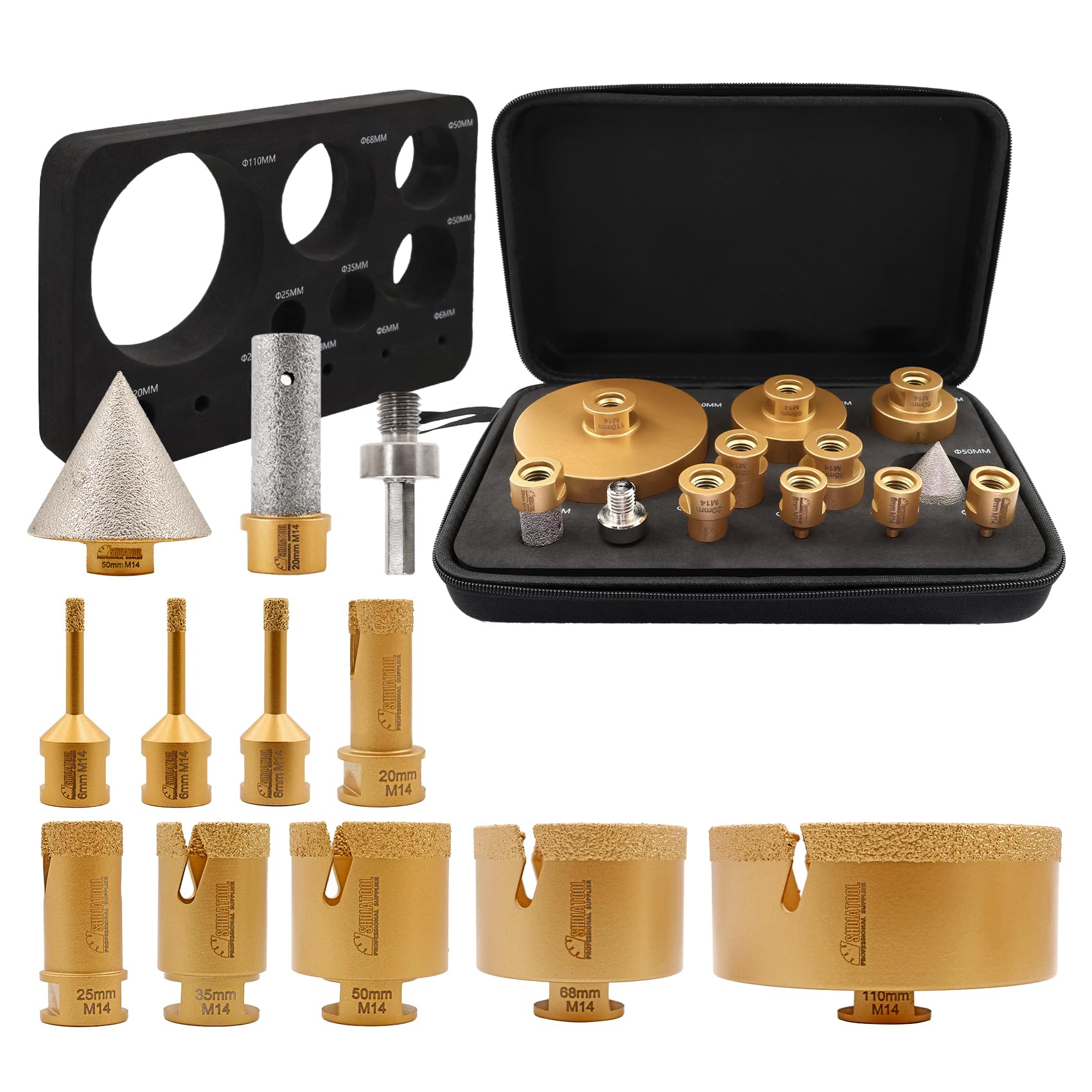 Diamond Core Drill Bit Set - 12pcs (6/6/8/20/25/35/50/68/110+20mm Finger Milling Bit+50mm Beveling Chamfer Bit+Hex) Hole Saw Kit Tile Drill Bits for Porcelain Ceramic Marble M14 Thread