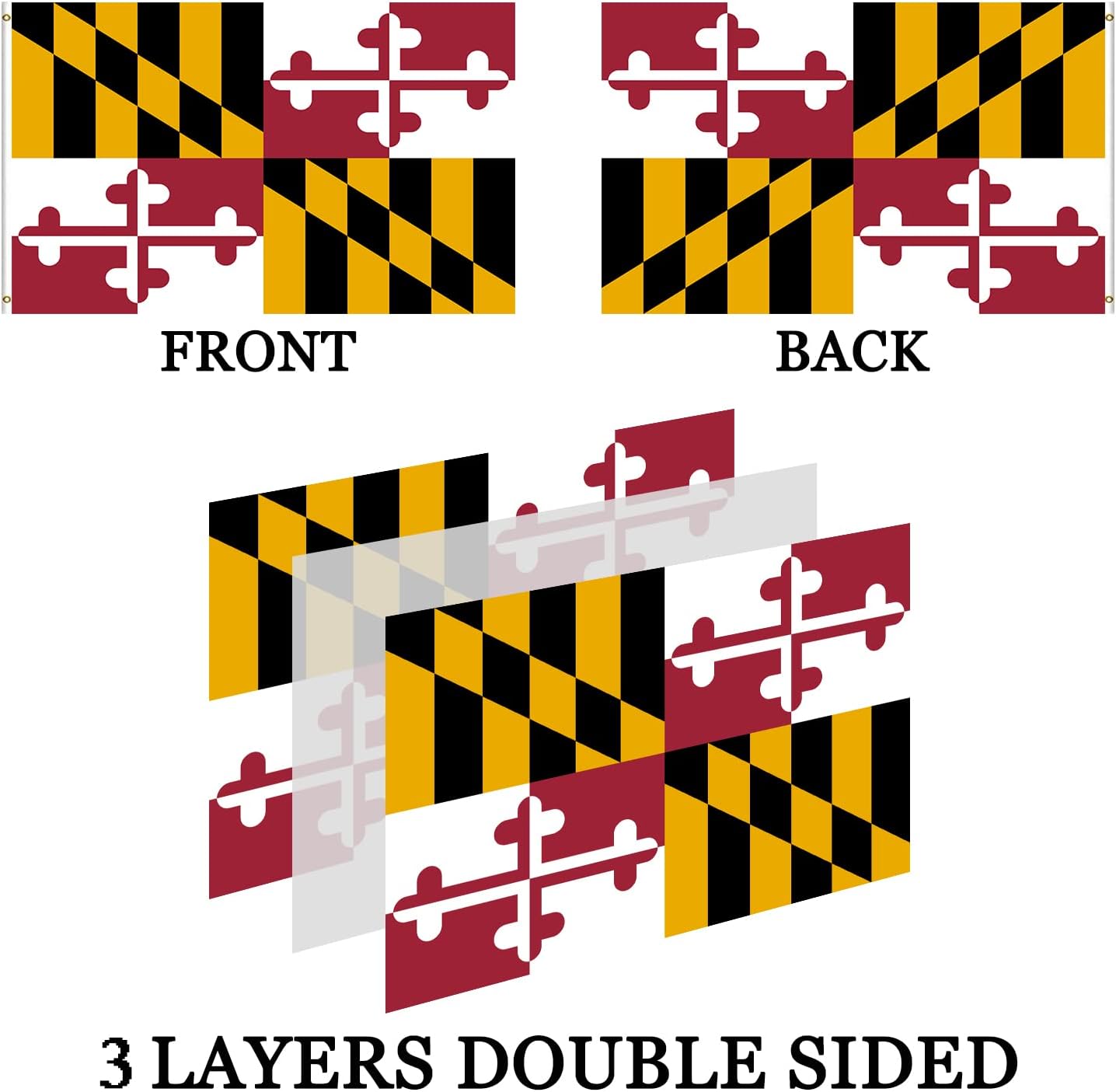 Big Maryland State Flag 3x5 Outdoor Double Sided- 3Ply 240D 4 Rows Stitched- MD State Flag- UV Fade Resistant With Canvas Header & 2 Brass Grommets - Image 3