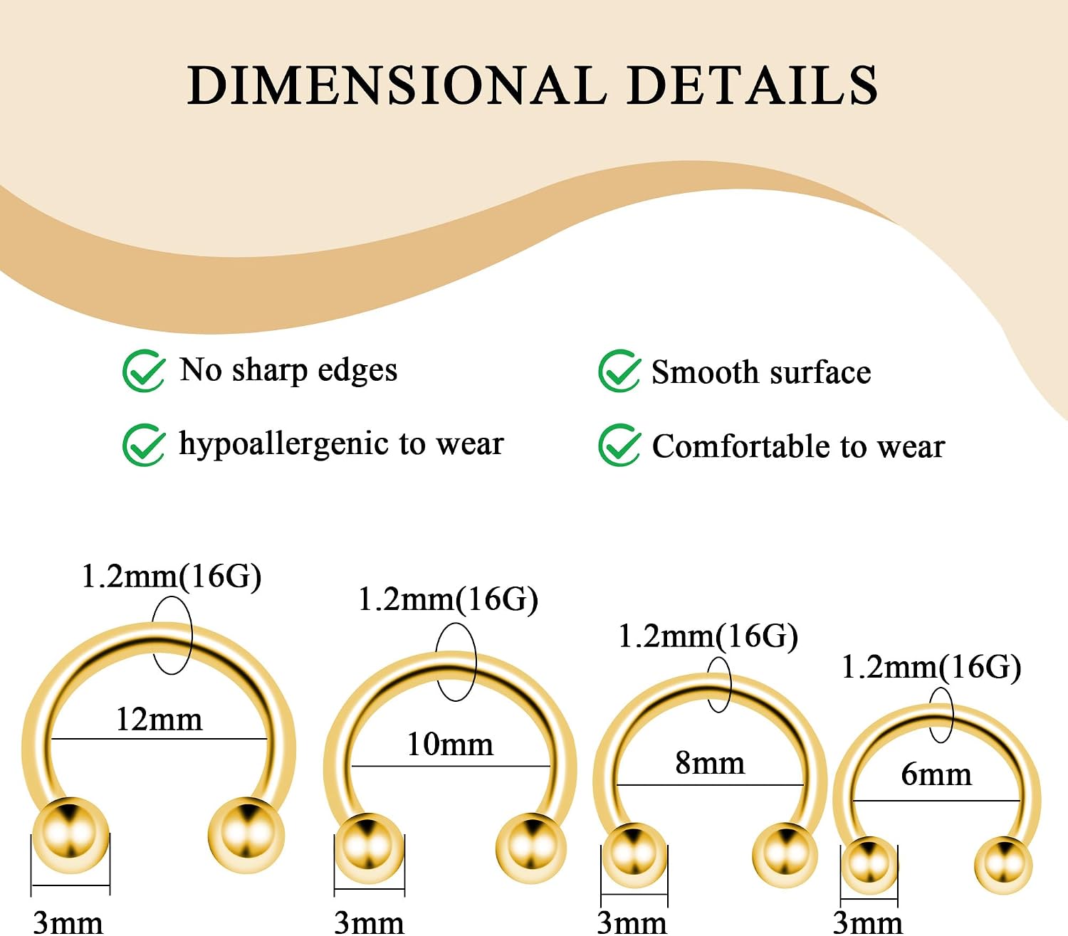 Titanium 16G Horseshoe Rings internally threaded Spikes Nose Septum Hoop Earring Eyebrow Tragus Lip Rings Daith Helix 6-12mm Smily Piercing Jewelry for Women Men
