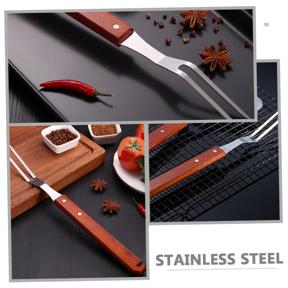 FUNOMOCYA Stainless Steel Roasting Stick with Wooden Handle for Bbq Meat Fork Carving Kabob Skewers for Outdoor Grilling Family Gatherings Campfire Cooking