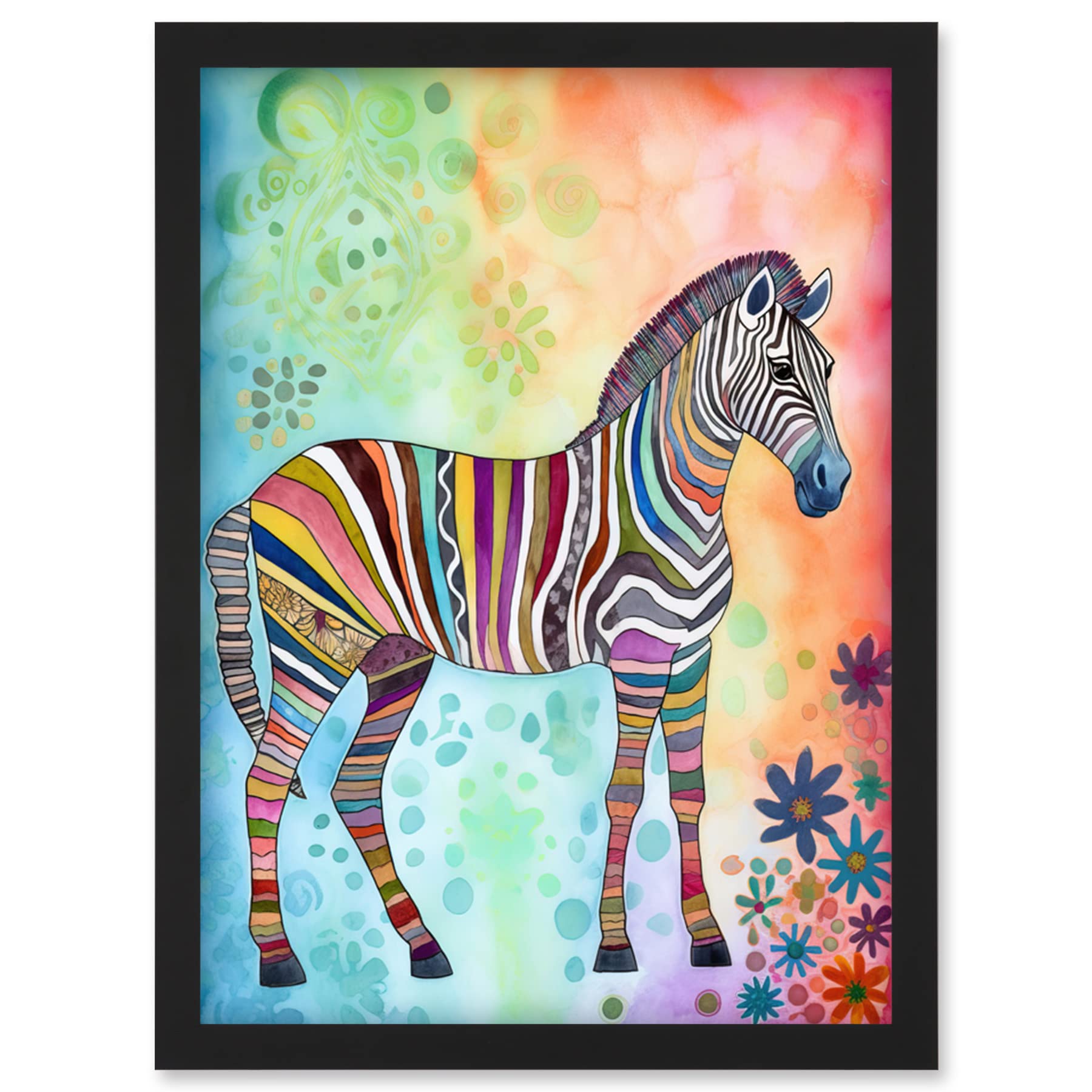 Artery8 Rainbow Floral Zebra Folk Art Artwork Framed Wall Art Print A4