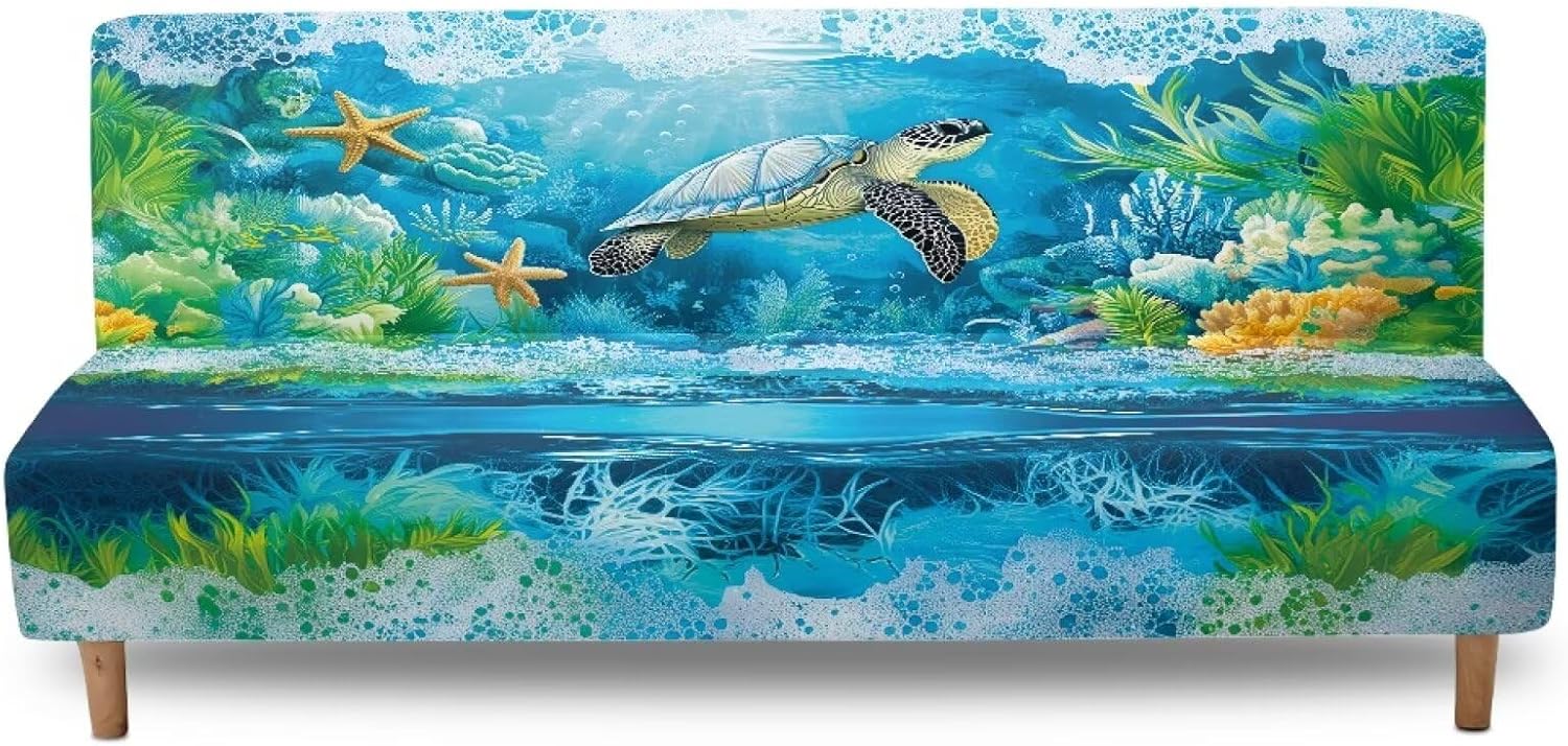 Suobstales Turtle Starfish Coral Print Jacquard Futon Cover Stretch Armless Futon Sofa Cover Soft Futon Slipcover with Elastic Bottom Thick Sofa Bed Furniture Protector Covers, Machine Washable